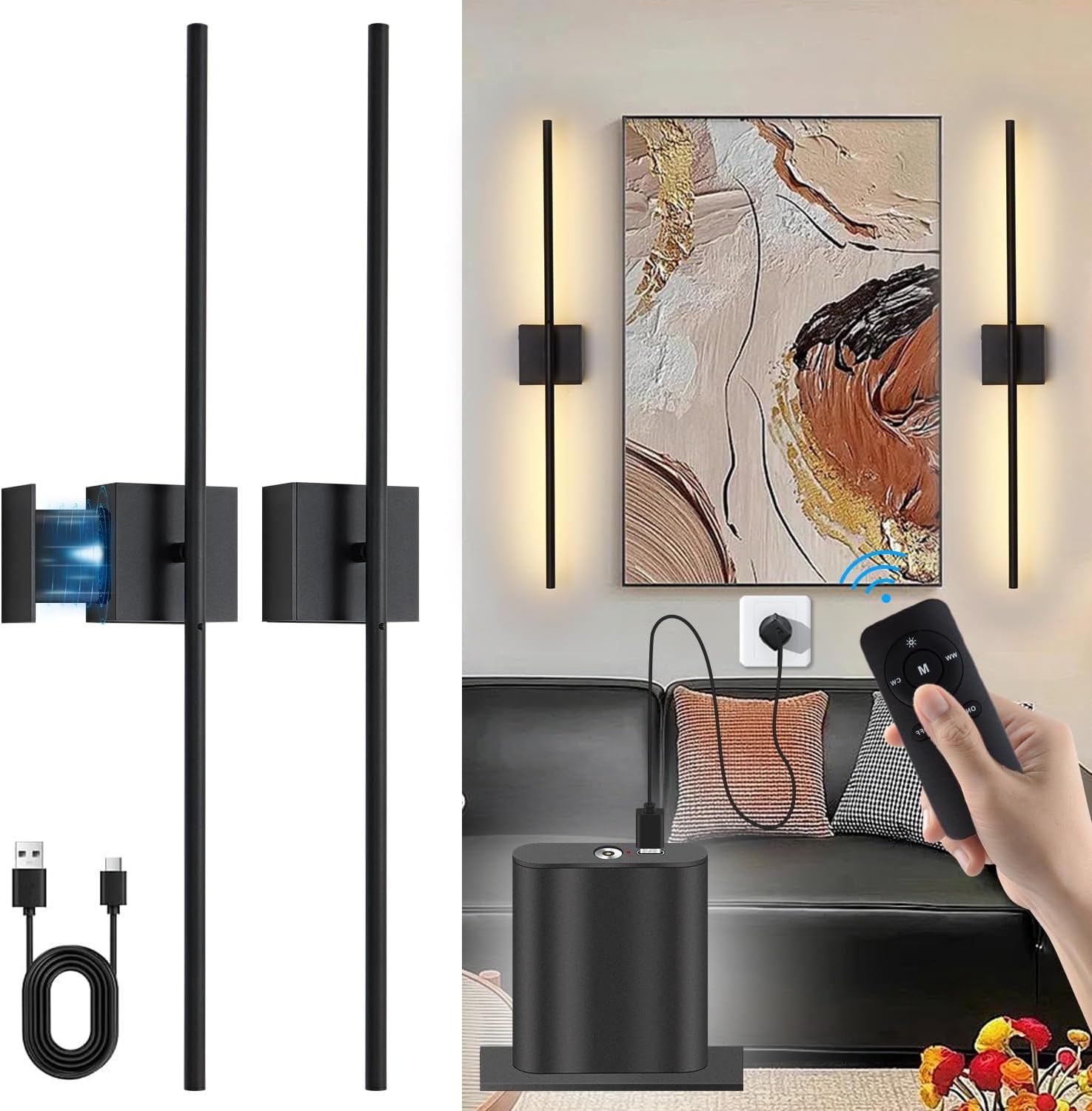 USB Oplaadbare Wandlamp Binnen, Dimbaar Touch Accu Muurlampn met Afstandsbediening, 6000mAh Batterij, Snoerloze LED Wandlamp Nachtlampje, 350° Rotatie 80CM Zwart, Woonkamer Slaapkamer Trap, 2 Stuks