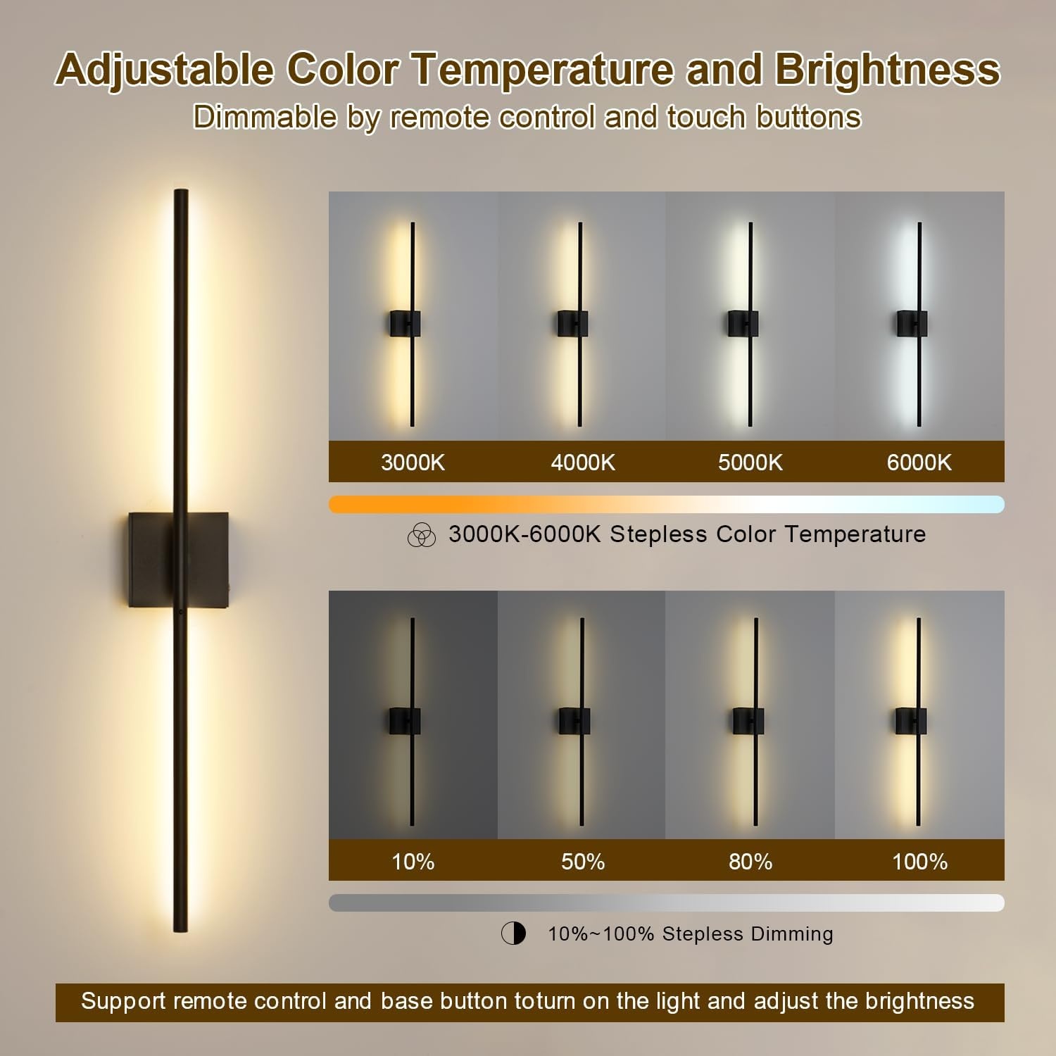 USB Oplaadbare Wandlamp Binnen, Dimbaar Touch Accu Muurlampn met Afstandsbediening, 6000mAh Batterij, Snoerloze LED Wandlamp Nachtlampje, 350° Rotatie 80CM Zwart, Woonkamer Slaapkamer Trap, 2 Stuks
