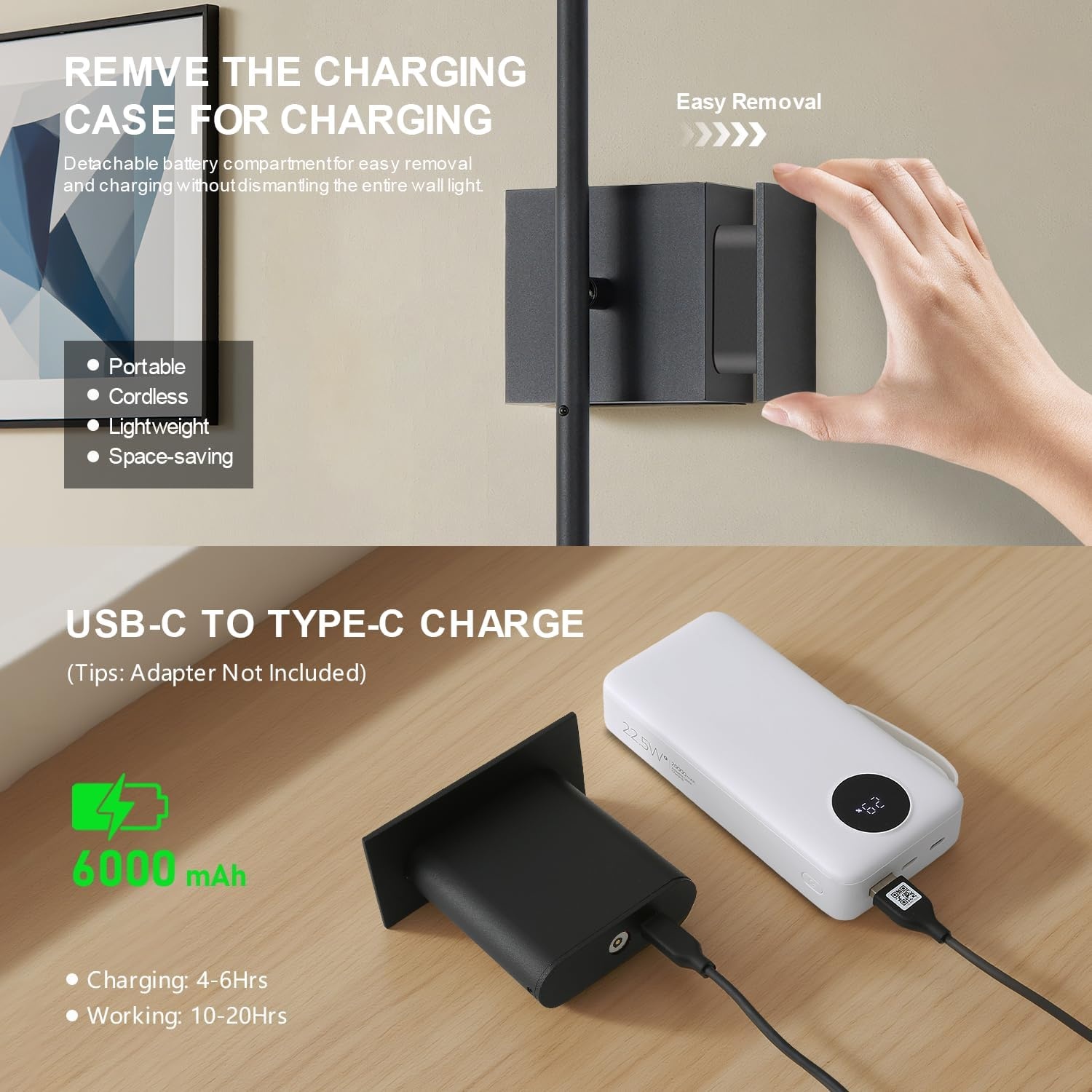 USB Oplaadbare Wandlamp Binnen, Dimbaar Touch Accu Muurlampn met Afstandsbediening, 6000mAh Batterij, Snoerloze LED Wandlamp Nachtlampje, 350° Rotatie 80CM Zwart, Woonkamer Slaapkamer Trap, 2 Stuks