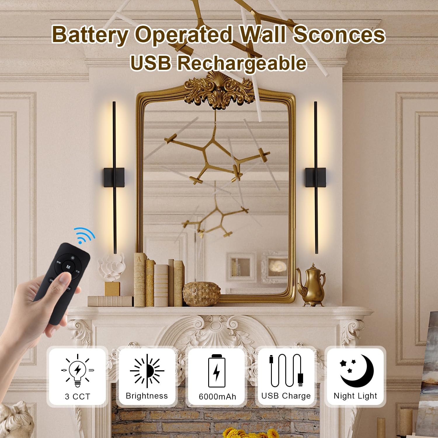 USB Oplaadbare Wandlamp Binnen, Dimbaar Touch Accu Muurlampn met Afstandsbediening, 6000mAh Batterij, Snoerloze LED Wandlamp Nachtlampje, 350° Rotatie 80CM Zwart, Woonkamer Slaapkamer Trap, 2 Stuks