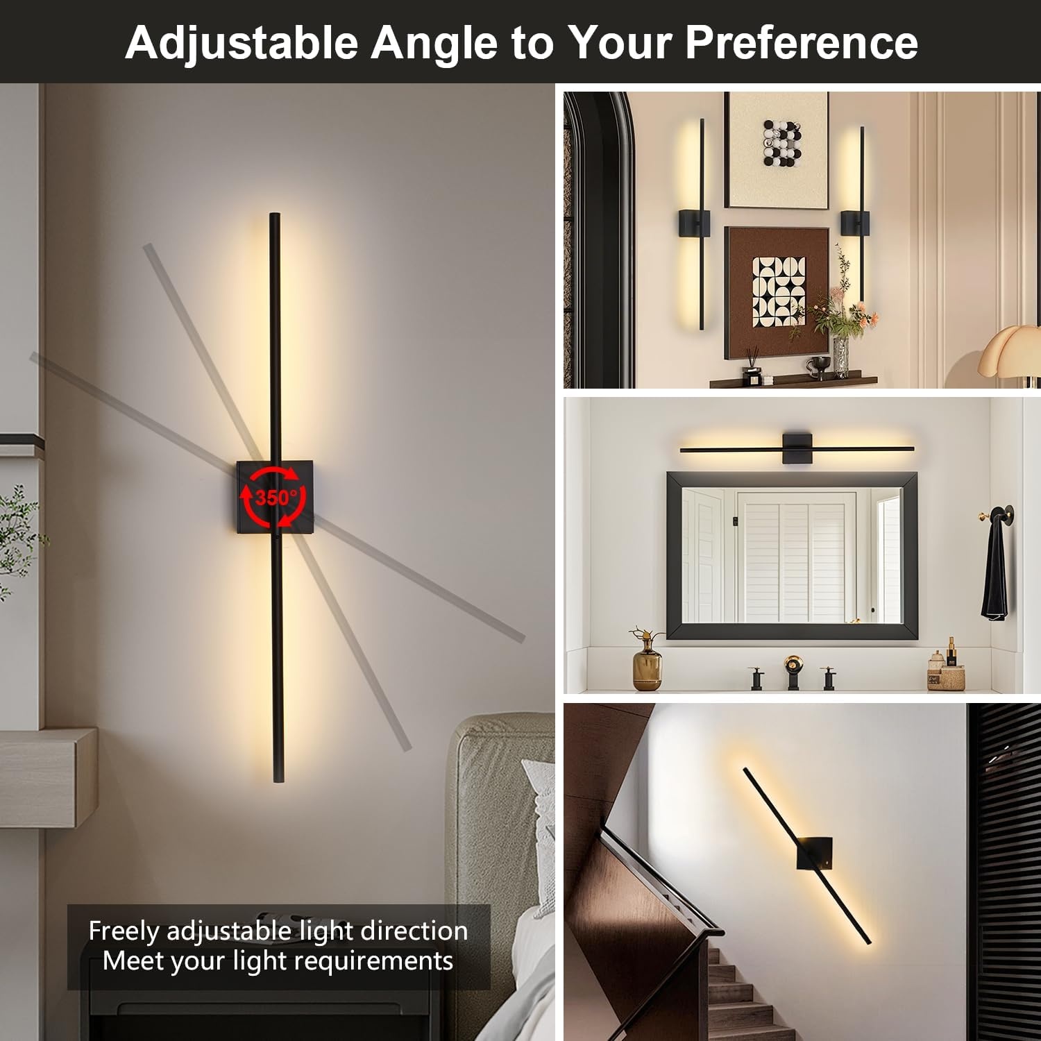 USB Oplaadbare Wandlamp Binnen, Dimbaar Touch Accu Muurlampn met Afstandsbediening, 6000mAh Batterij, Snoerloze LED Wandlamp Nachtlampje, 350° Rotatie 80CM Zwart, Woonkamer Slaapkamer Trap, 2 Stuks