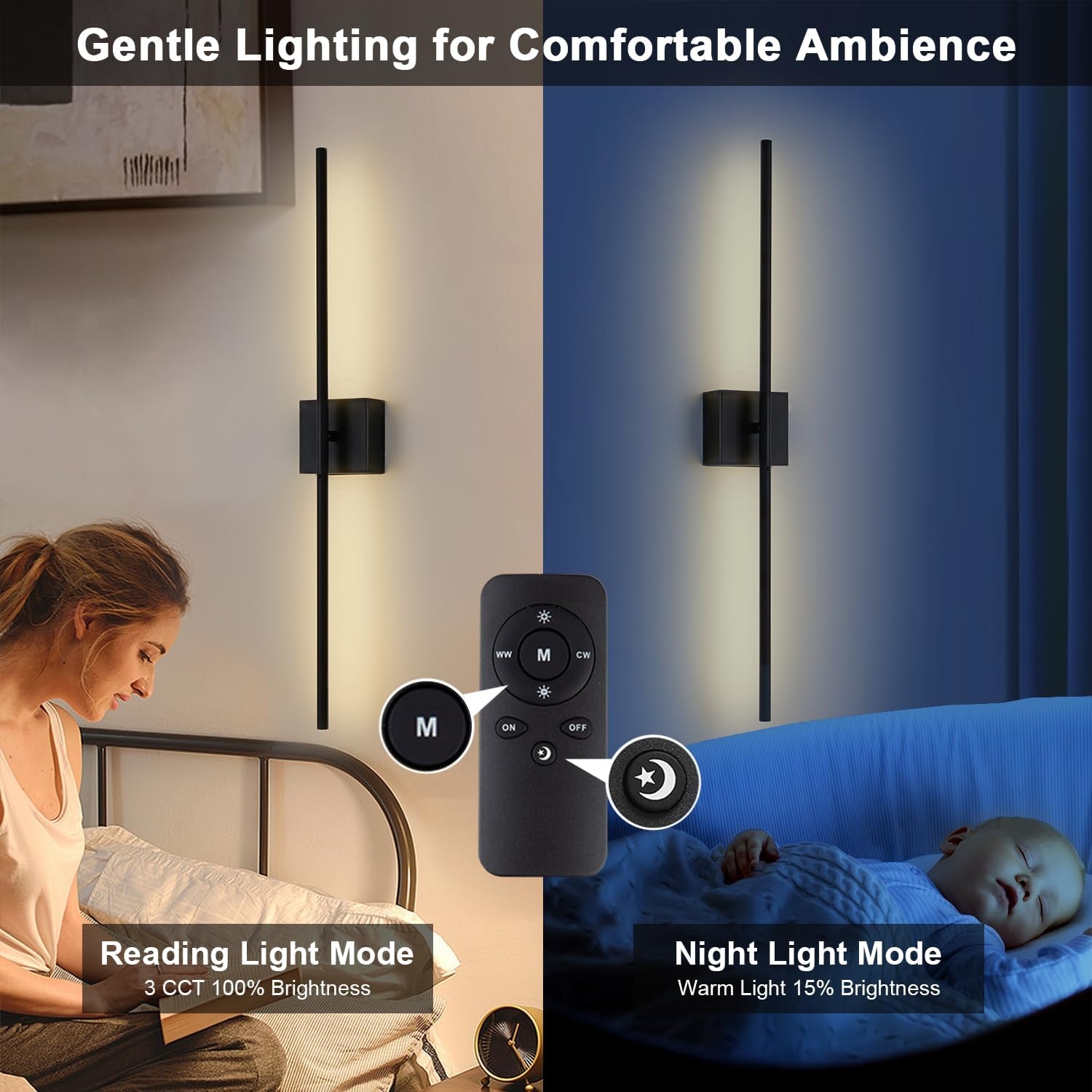 USB Oplaadbare Wandlamp Binnen, Dimbaar Touch Accu Muurlampn met Afstandsbediening, 6000mAh Batterij, Snoerloze LED Wandlamp Nachtlampje, 350° Rotatie 80CM Zwart, Woonkamer Slaapkamer Trap, 2 Stuks