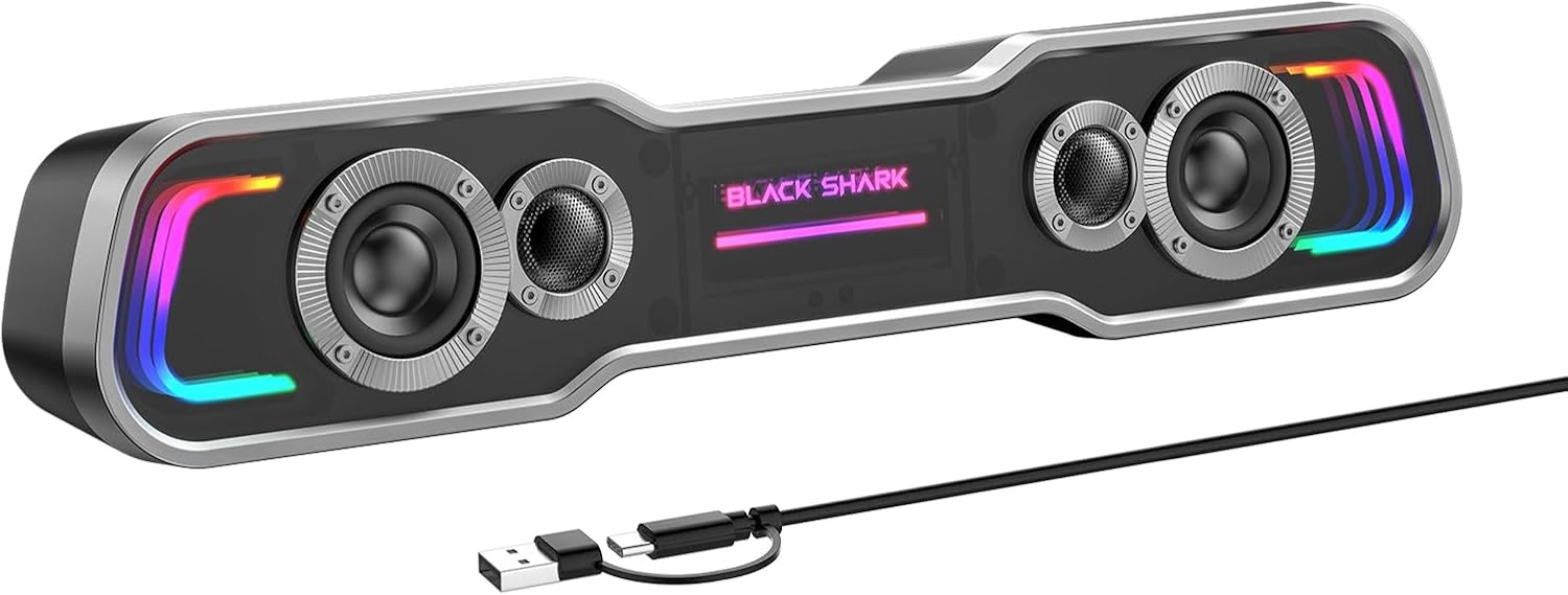 Black Shark Pc-luidspreker met diepe bassen, Bluetooth & USB/USB C dual-modus pc-soundbar met dynamische meerlaagse RGB-verlichting, computerluidsprekers voor pc, laptop, monitor, tablets (BS-SP1)
