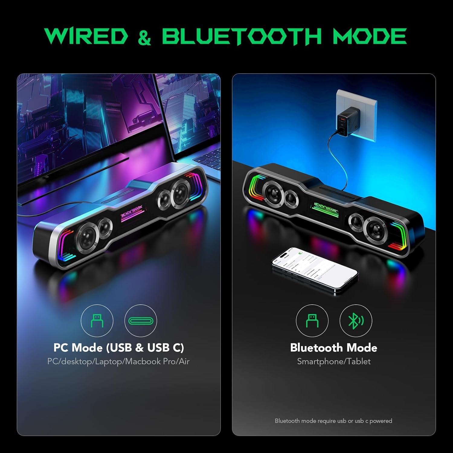 Black Shark Pc-luidspreker met diepe bassen, Bluetooth & USB/USB C dual-modus pc-soundbar met dynamische meerlaagse RGB-verlichting, computerluidsprekers voor pc, laptop, monitor, tablets (BS-SP1)