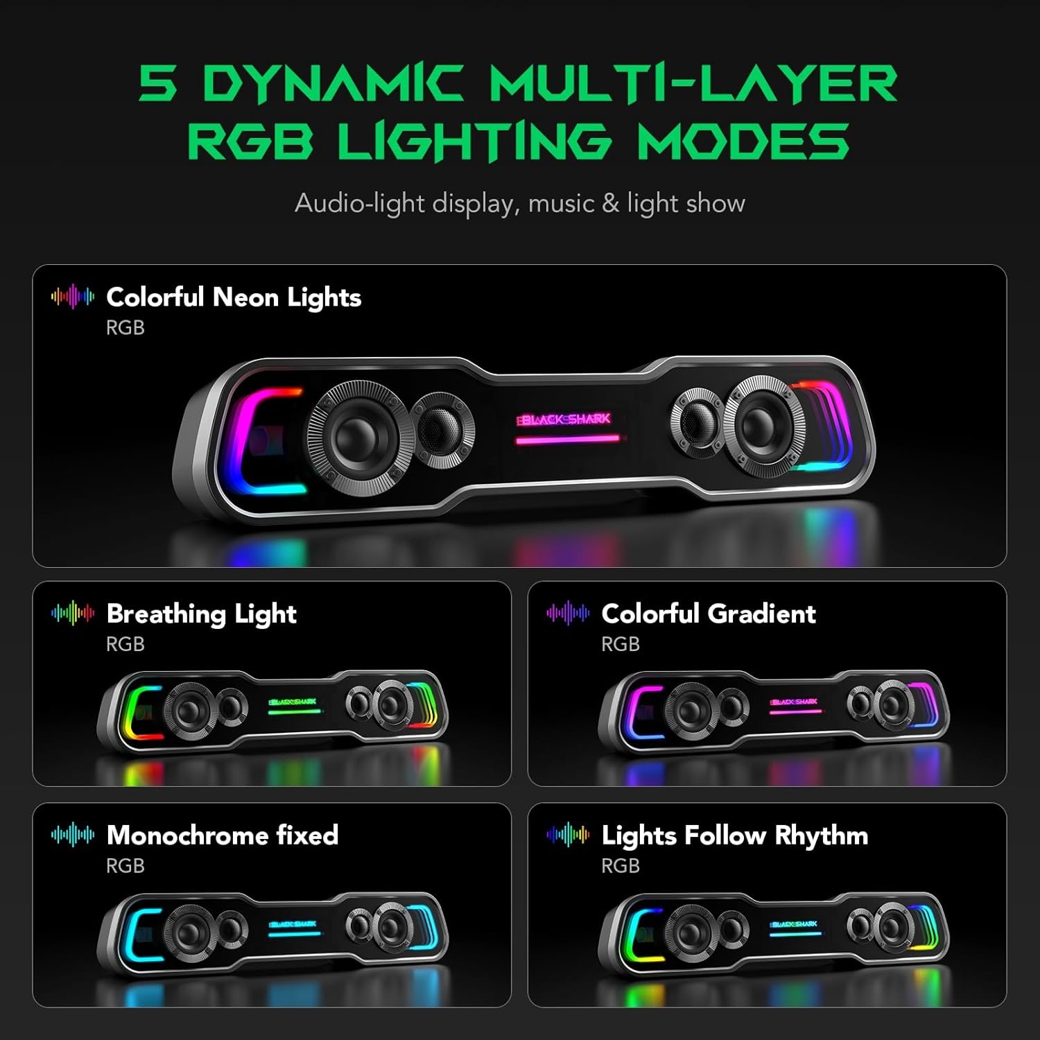 Black Shark Pc-luidspreker met diepe bassen, Bluetooth & USB/USB C dual-modus pc-soundbar met dynamische meerlaagse RGB-verlichting, computerluidsprekers voor pc, laptop, monitor, tablets (BS-SP1)