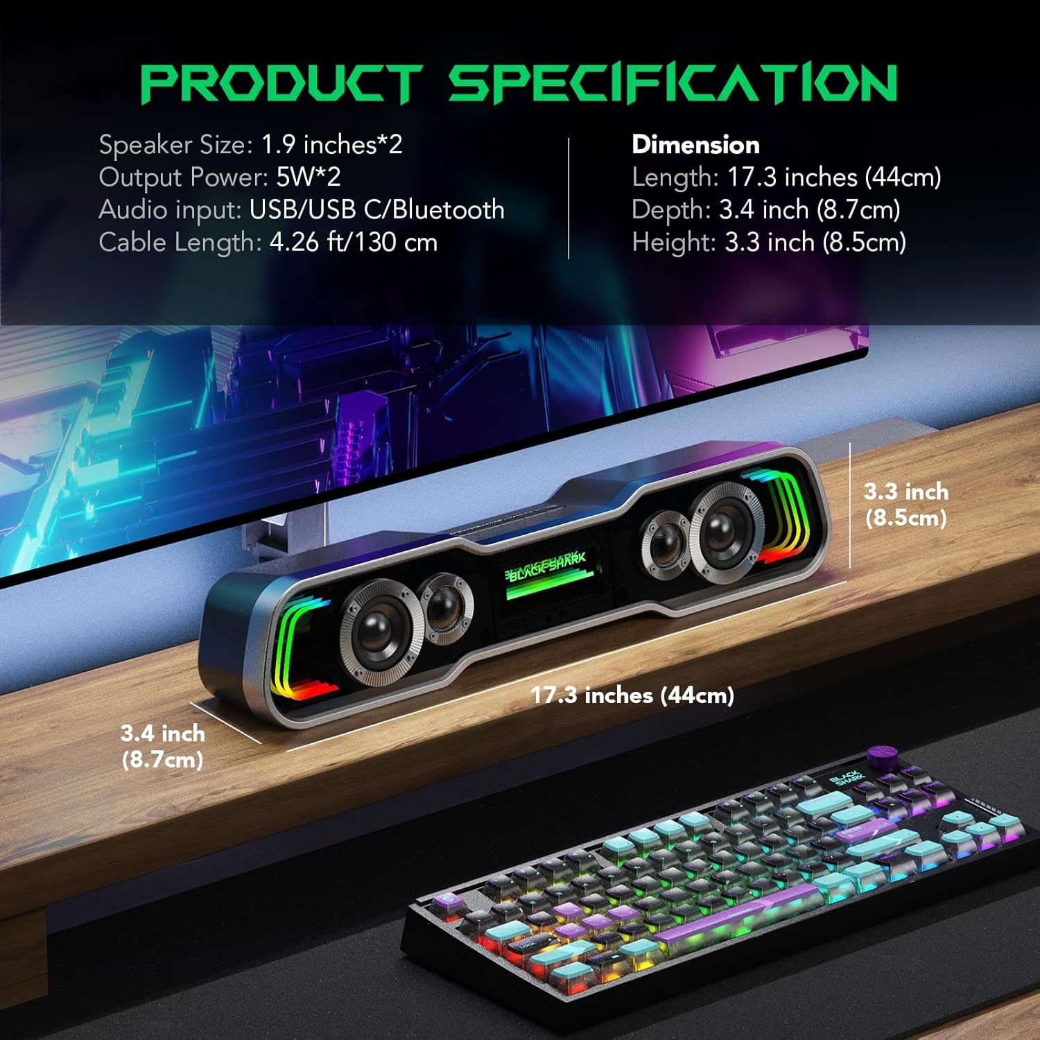 Black Shark Pc-luidspreker met diepe bassen, Bluetooth & USB/USB C dual-modus pc-soundbar met dynamische meerlaagse RGB-verlichting, computerluidsprekers voor pc, laptop, monitor, tablets (BS-SP1)