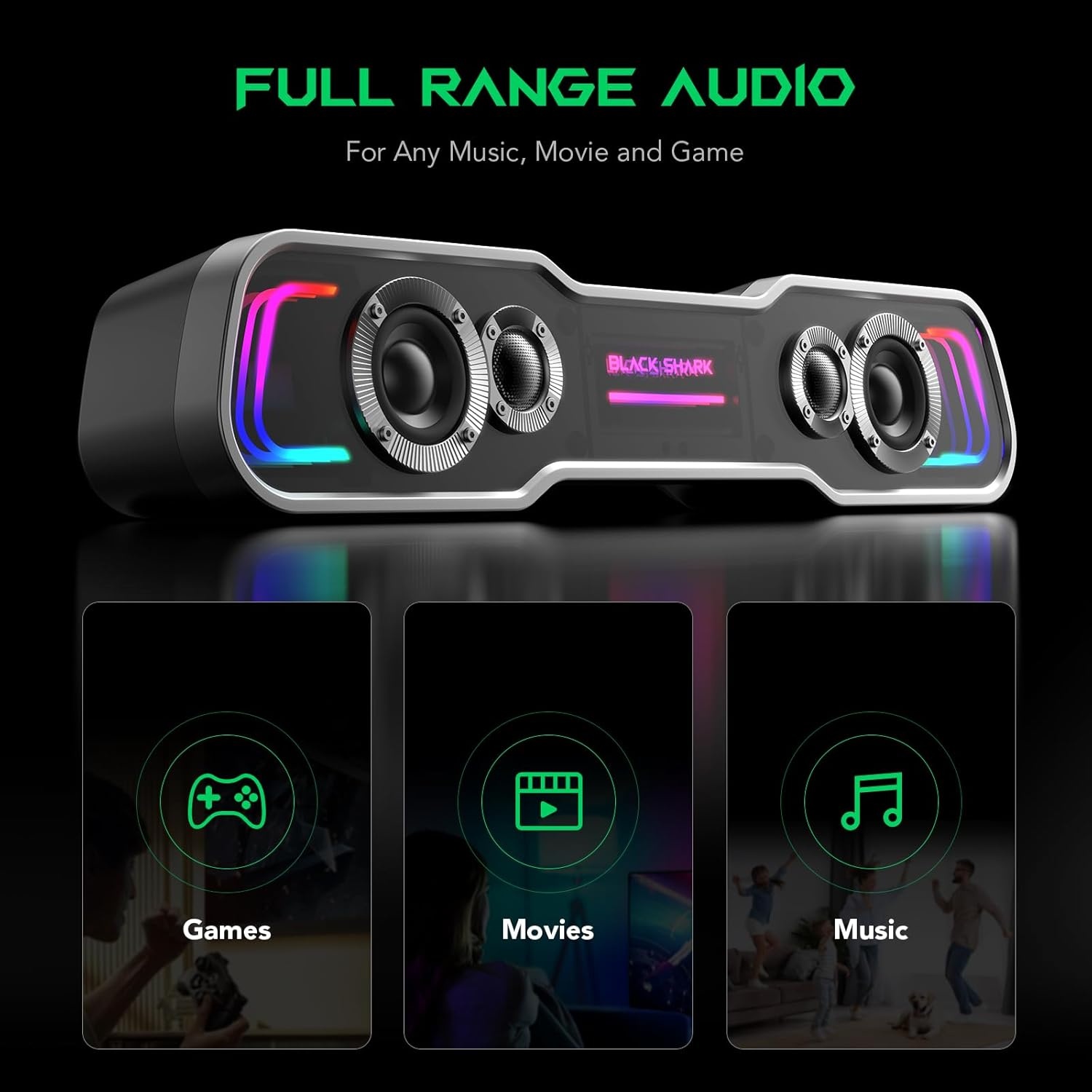 Black Shark Pc-luidspreker met diepe bassen, Bluetooth & USB/USB C dual-modus pc-soundbar met dynamische meerlaagse RGB-verlichting, computerluidsprekers voor pc, laptop, monitor, tablets (BS-SP1)