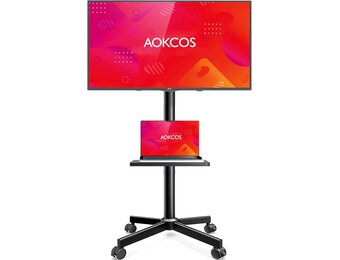 AOKCOS Tv-standaard oprolbaar voor 32-65 inch televisie, tv-wagen met dienblad, televisiestandaard in hoogte verstelbaar, mobiele tv-standaard met wielen, tv-rolwagen tot 40 kg, max. VESA 400x400mm