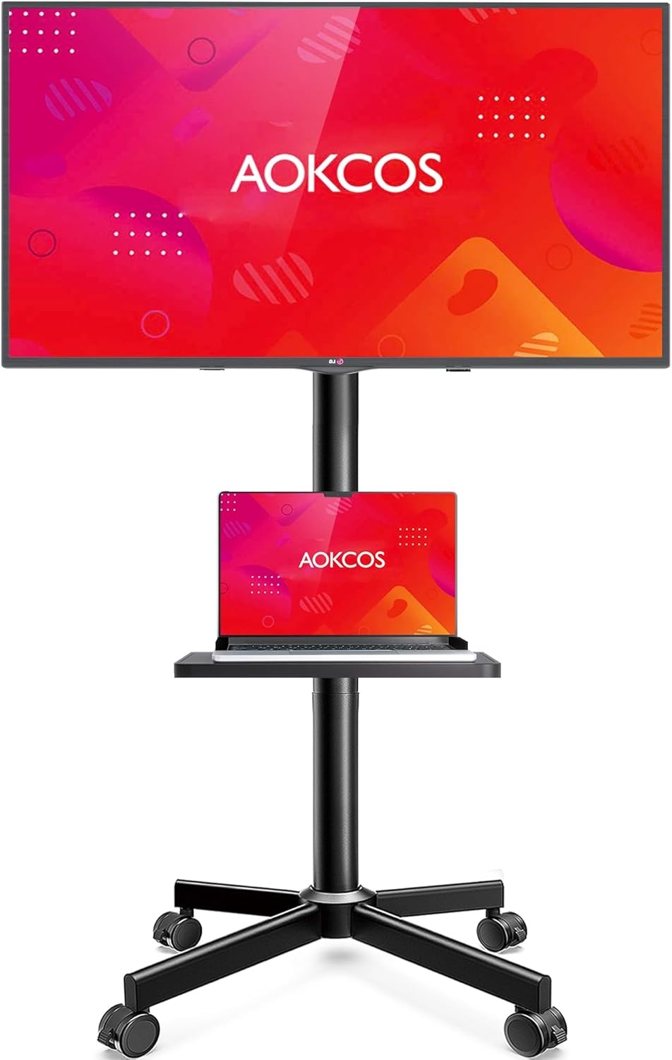 AOKCOS Tv-standaard oprolbaar voor 32-65 inch televisie, tv-wagen met dienblad, televisiestandaard in hoogte verstelbaar, mobiele tv-standaard met wielen, tv-rolwagen tot 40 kg, max. VESA 400x400mm