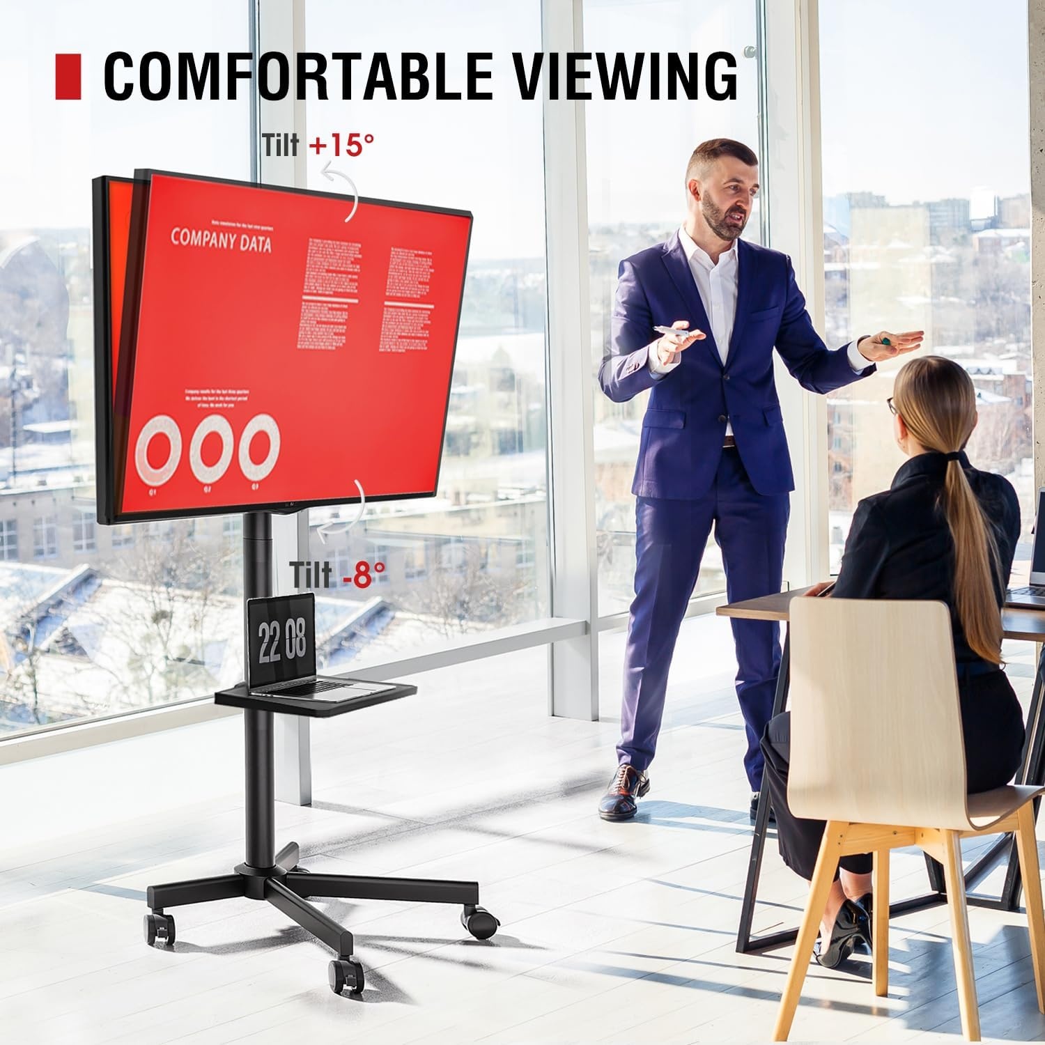 AOKCOS Tv-standaard oprolbaar voor 32-65 inch televisie, tv-wagen met dienblad, televisiestandaard in hoogte verstelbaar, mobiele tv-standaard met wielen, tv-rolwagen tot 40 kg, max. VESA 400x400mm