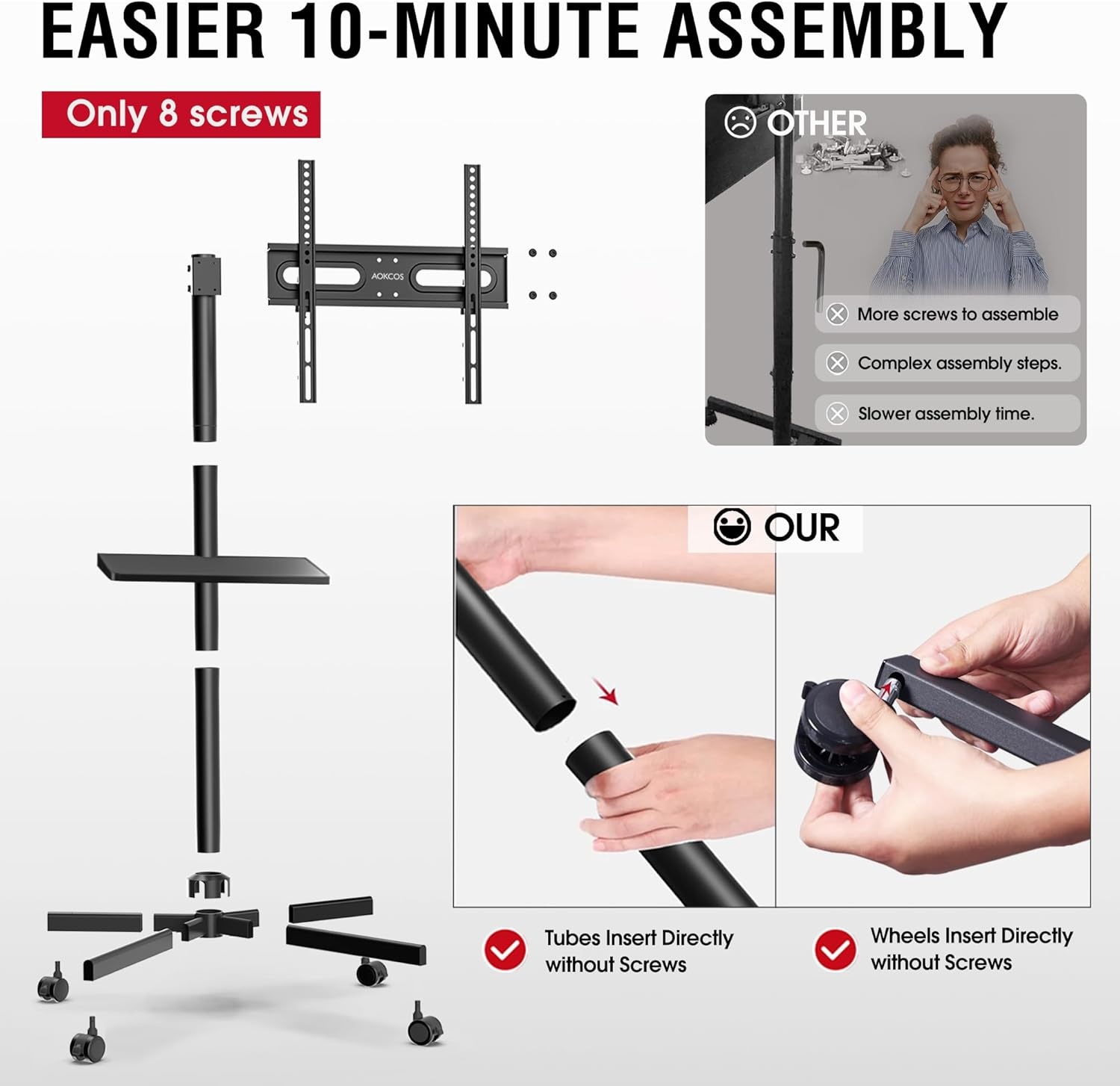 AOKCOS Tv-standaard oprolbaar voor 32-65 inch televisie, tv-wagen met dienblad, televisiestandaard in hoogte verstelbaar, mobiele tv-standaard met wielen, tv-rolwagen tot 40 kg, max. VESA 400x400mm