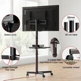 AOKCOS Tv-standaard oprolbaar voor 32-65 inch televisie, tv-wagen met dienblad, televisiestandaard in hoogte verstelbaar, mobiele tv-standaard met wielen, tv-rolwagen tot 40 kg, max. VESA 400x400mm