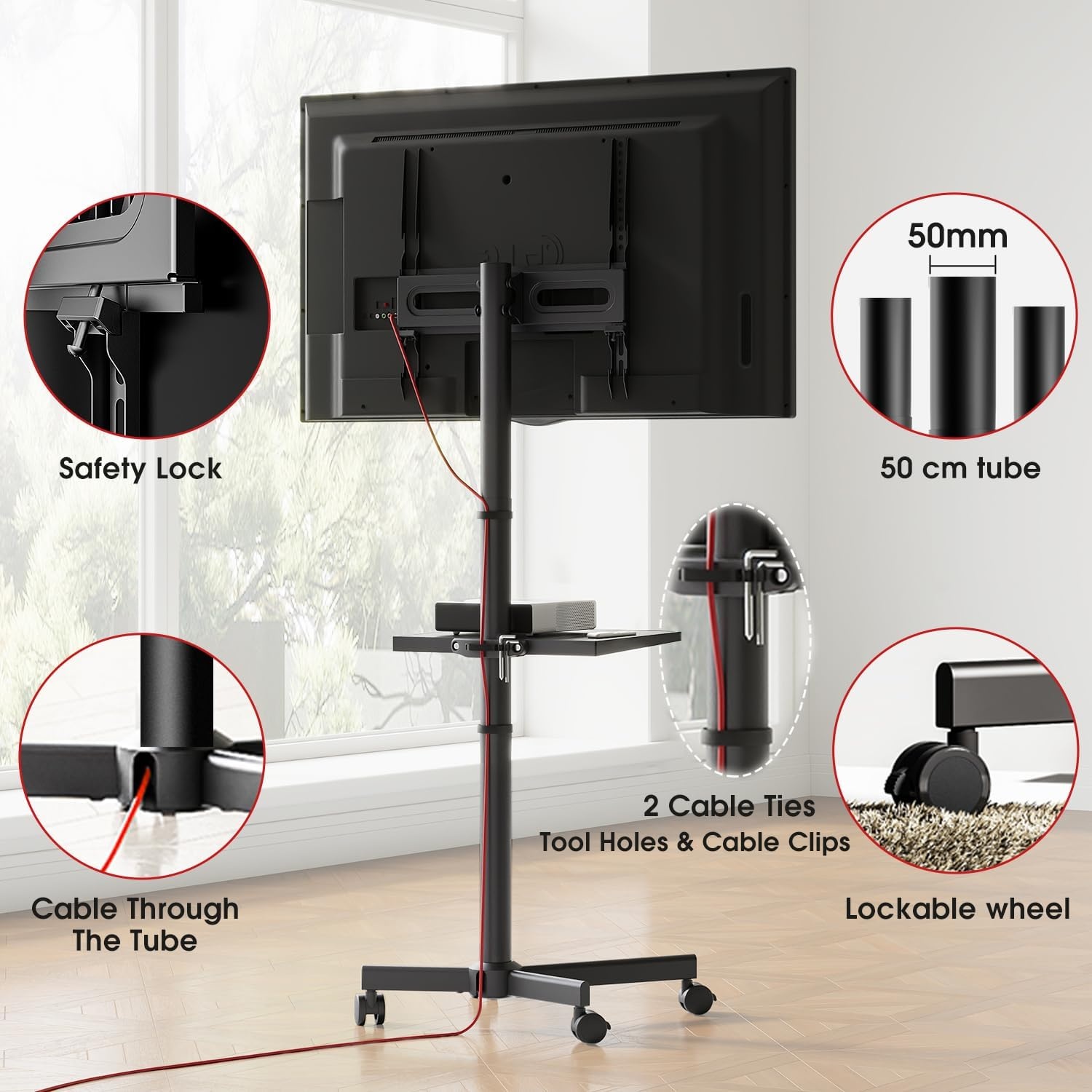 AOKCOS Tv-standaard oprolbaar voor 32-65 inch televisie, tv-wagen met dienblad, televisiestandaard in hoogte verstelbaar, mobiele tv-standaard met wielen, tv-rolwagen tot 40 kg, max. VESA 400x400mm