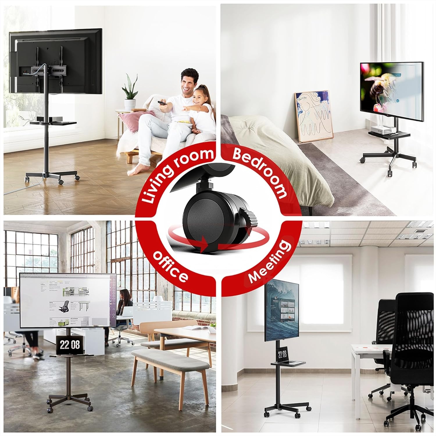 AOKCOS Tv-standaard oprolbaar voor 32-65 inch televisie, tv-wagen met dienblad, televisiestandaard in hoogte verstelbaar, mobiele tv-standaard met wielen, tv-rolwagen tot 40 kg, max. VESA 400x400mm