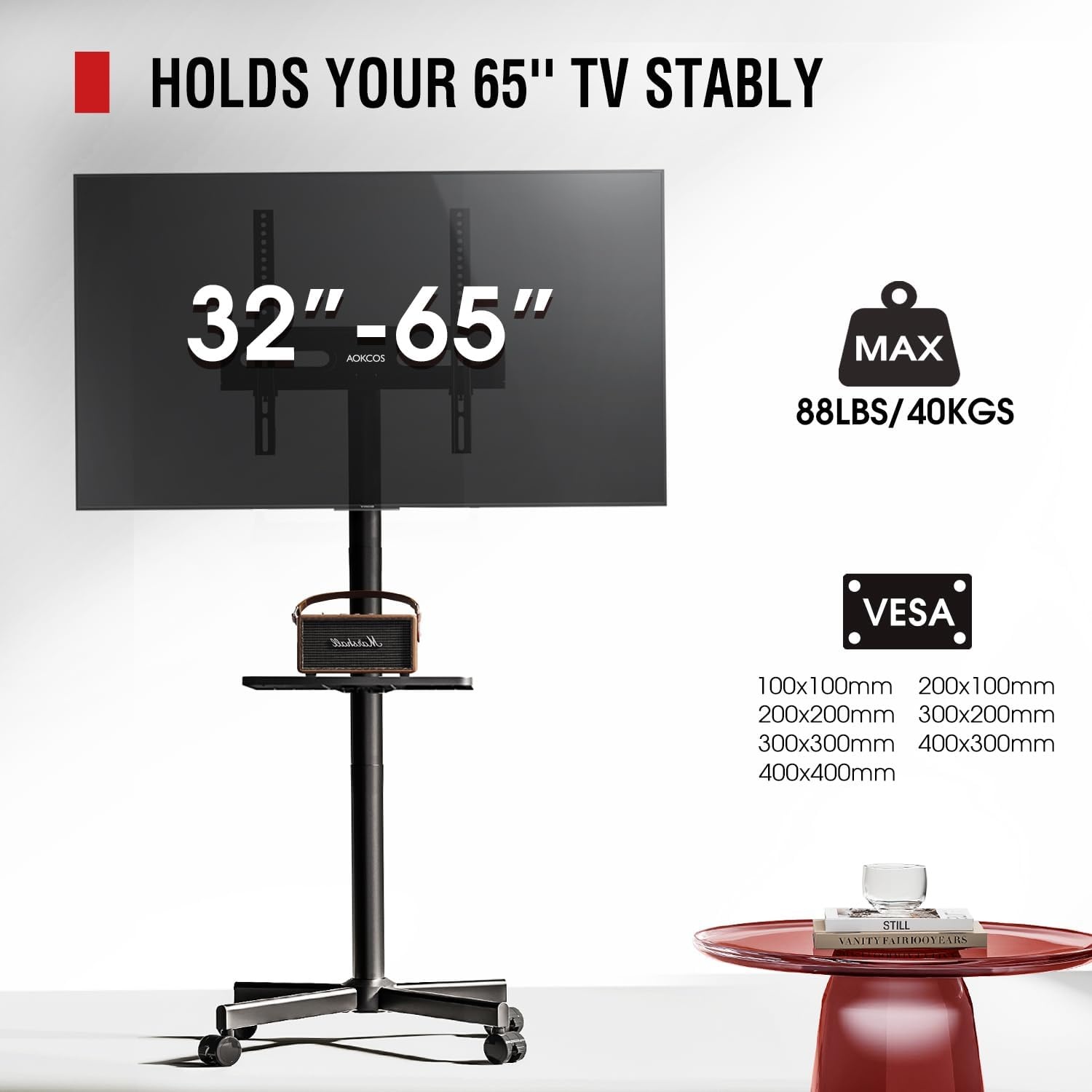 AOKCOS Tv-standaard oprolbaar voor 32-65 inch televisie, tv-wagen met dienblad, televisiestandaard in hoogte verstelbaar, mobiele tv-standaard met wielen, tv-rolwagen tot 40 kg, max. VESA 400x400mm
