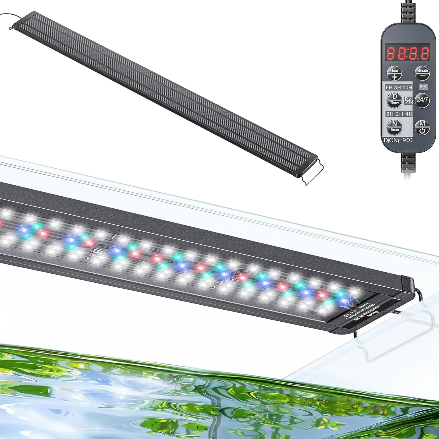 Pawfly Aquarium Led-verlichting, 24/7, uitschuifbaar aquariumlicht met volledig spectrum, wit, blauw, rood, groen, met D/N-modus, enkele kleureffecten, timer en instelbare helderheid (voor tanks van