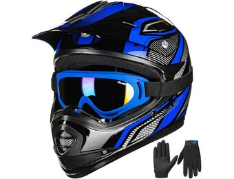 ILM kinderen Motocross Dirt Bike Motorhelm met Goggle Handschoenen ATV Off Road ECE B07,Blauw Zwart,S