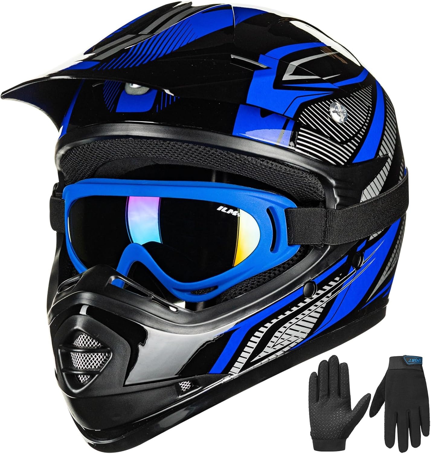 ILM kinderen Motocross Dirt Bike Motorhelm met Goggle Handschoenen ATV Off Road ECE B07,Blauw Zwart,S