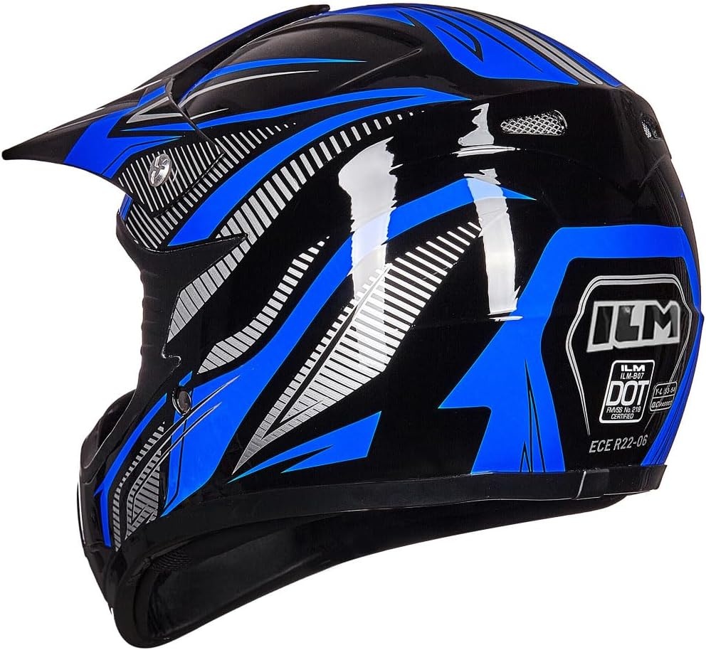 ILM kinderen Motocross Dirt Bike Motorhelm met Goggle Handschoenen ATV Off Road ECE B07,Blauw Zwart,S