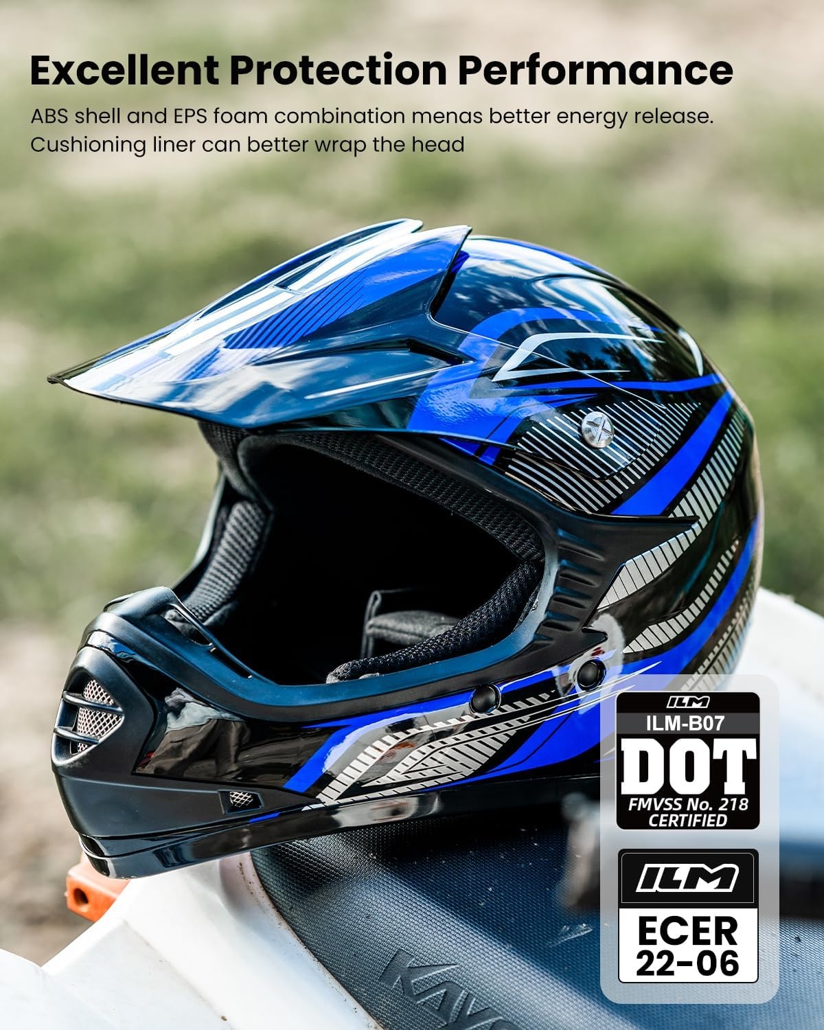 ILM kinderen Motocross Dirt Bike Motorhelm met Goggle Handschoenen ATV Off Road ECE B07,Blauw Zwart,S