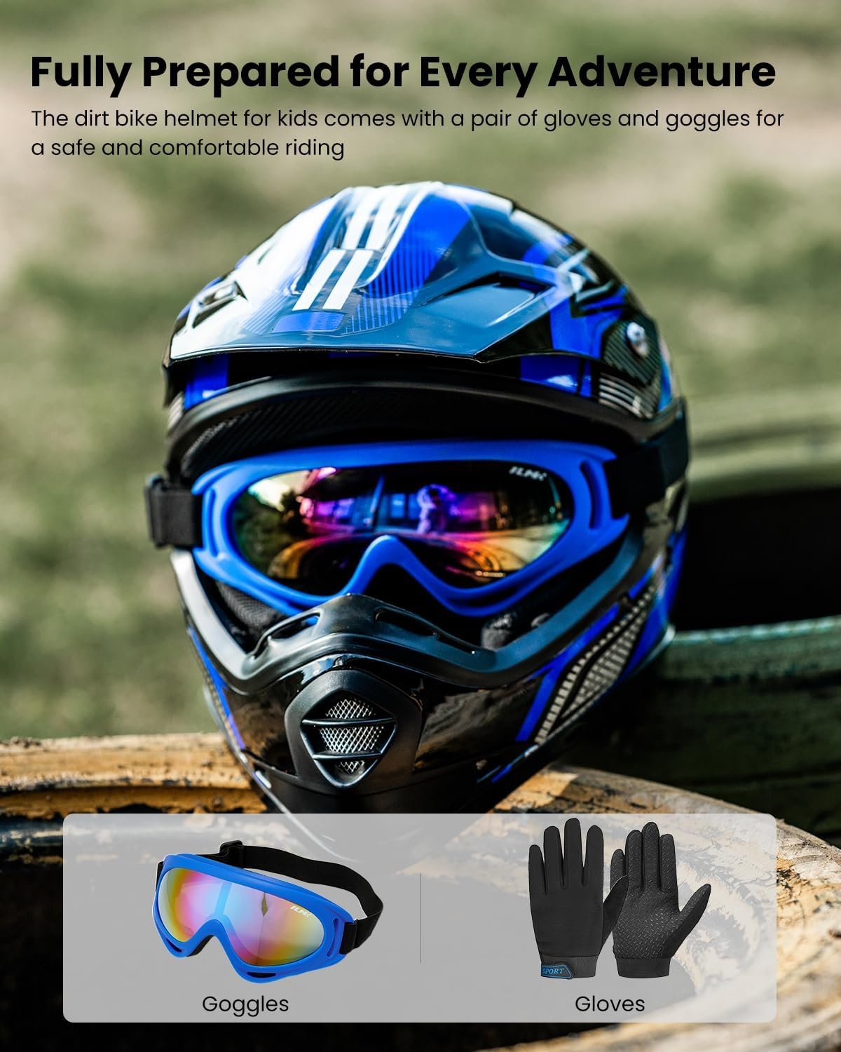 ILM kinderen Motocross Dirt Bike Motorhelm met Goggle Handschoenen ATV Off Road ECE B07,Blauw Zwart,S