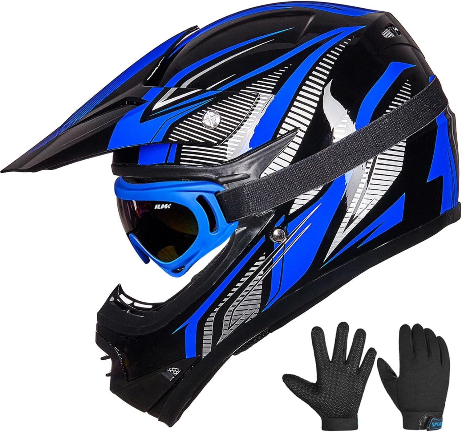 ILM kinderen Motocross Dirt Bike Motorhelm met Goggle Handschoenen ATV Off Road ECE B07,Blauw Zwart,S