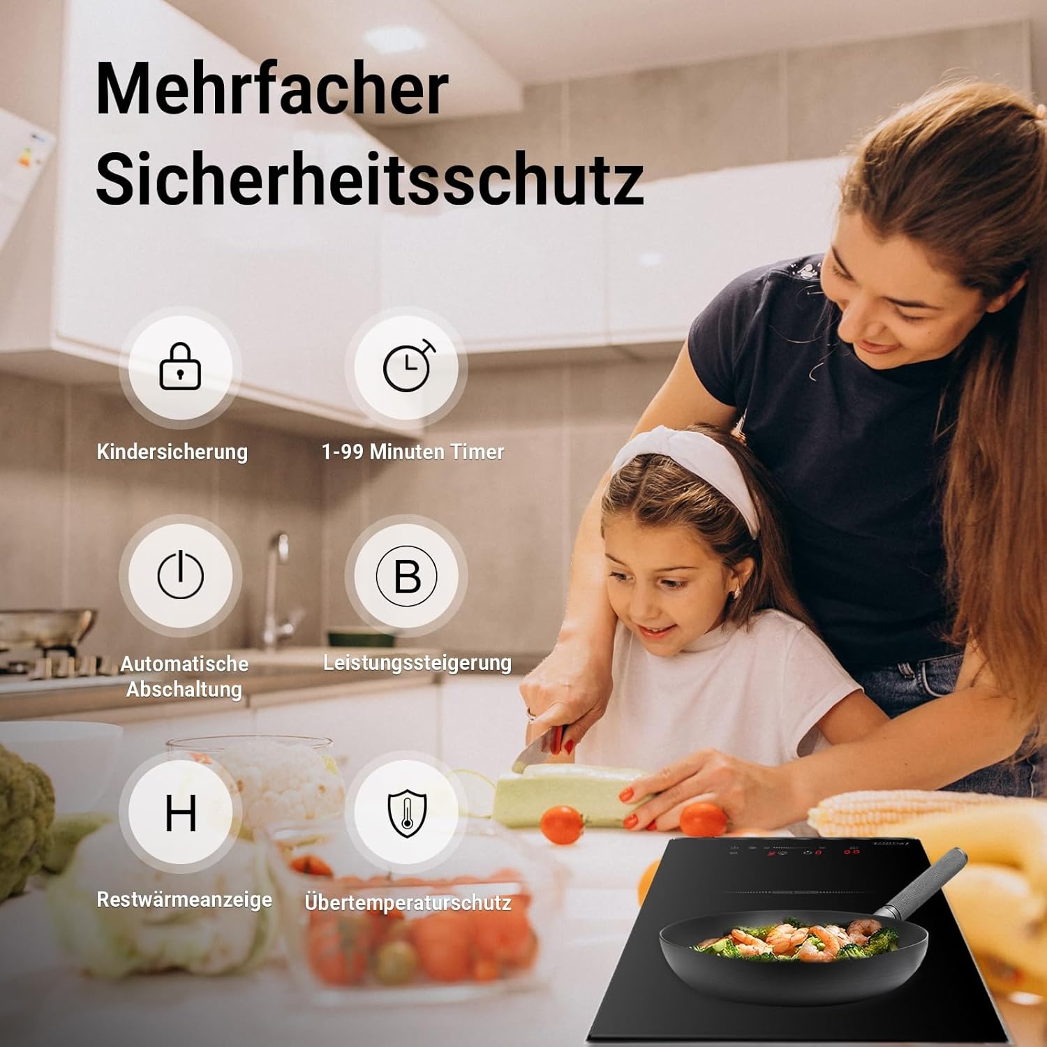 COVERCOOK Domino 30 cm inductiekookplaat met 2 kookzones, inbouw Domino zelfvoorzienende kookplaat, inductie met stekker, 3500 W