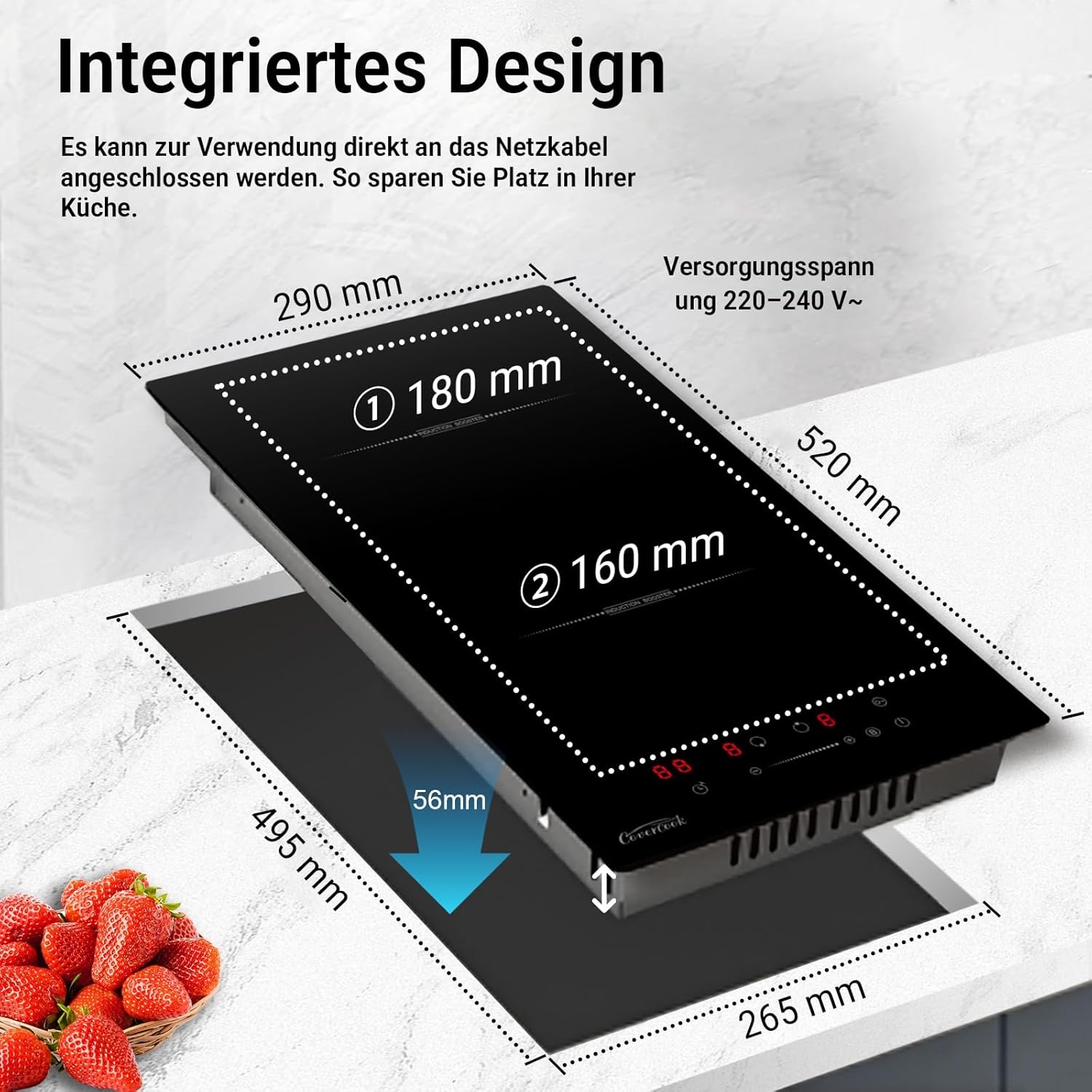 COVERCOOK Domino 30 cm inductiekookplaat met 2 kookzones, inbouw Domino zelfvoorzienende kookplaat, inductie met stekker, 3500 W