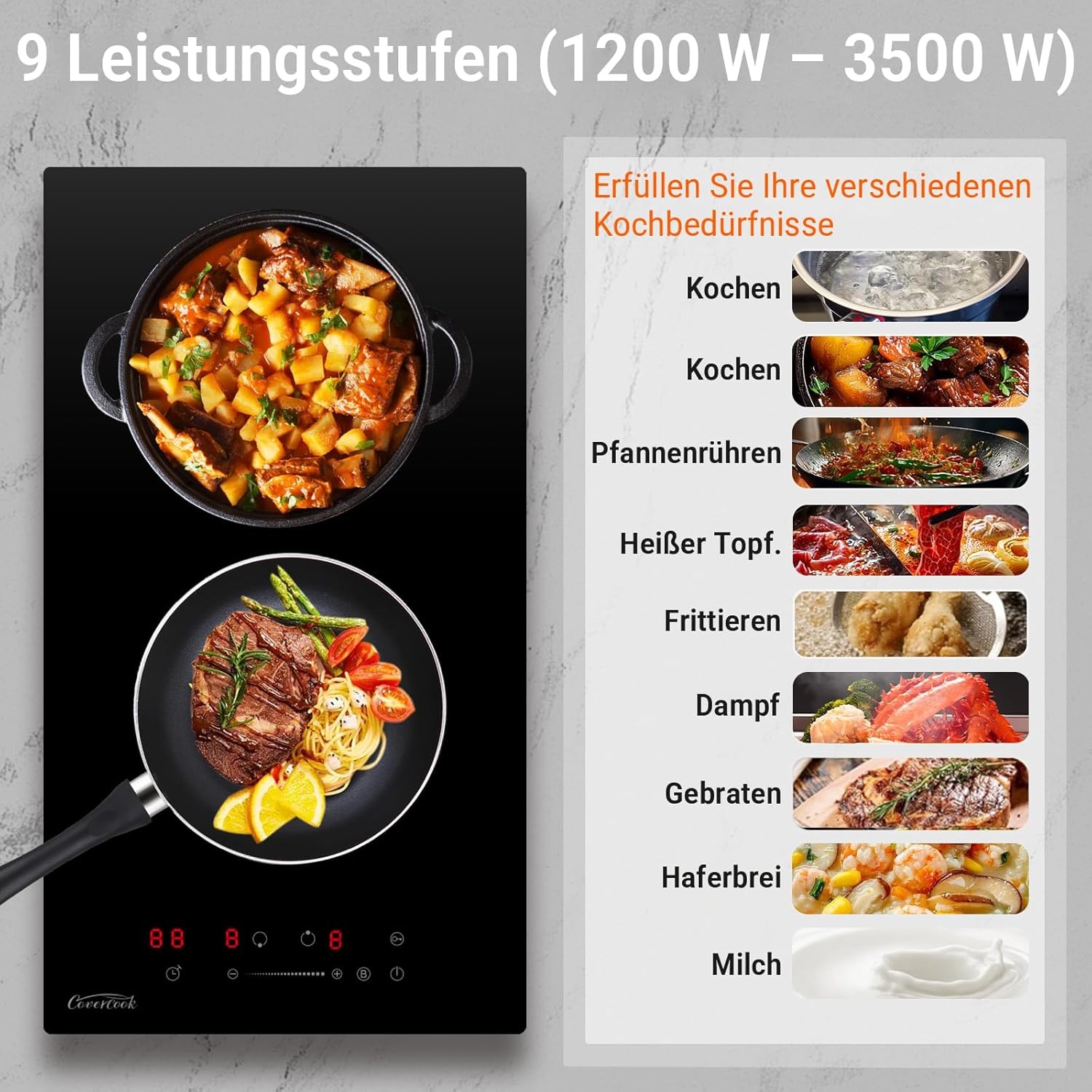 COVERCOOK Domino 30 cm inductiekookplaat met 2 kookzones, inbouw Domino zelfvoorzienende kookplaat, inductie met stekker, 3500 W
