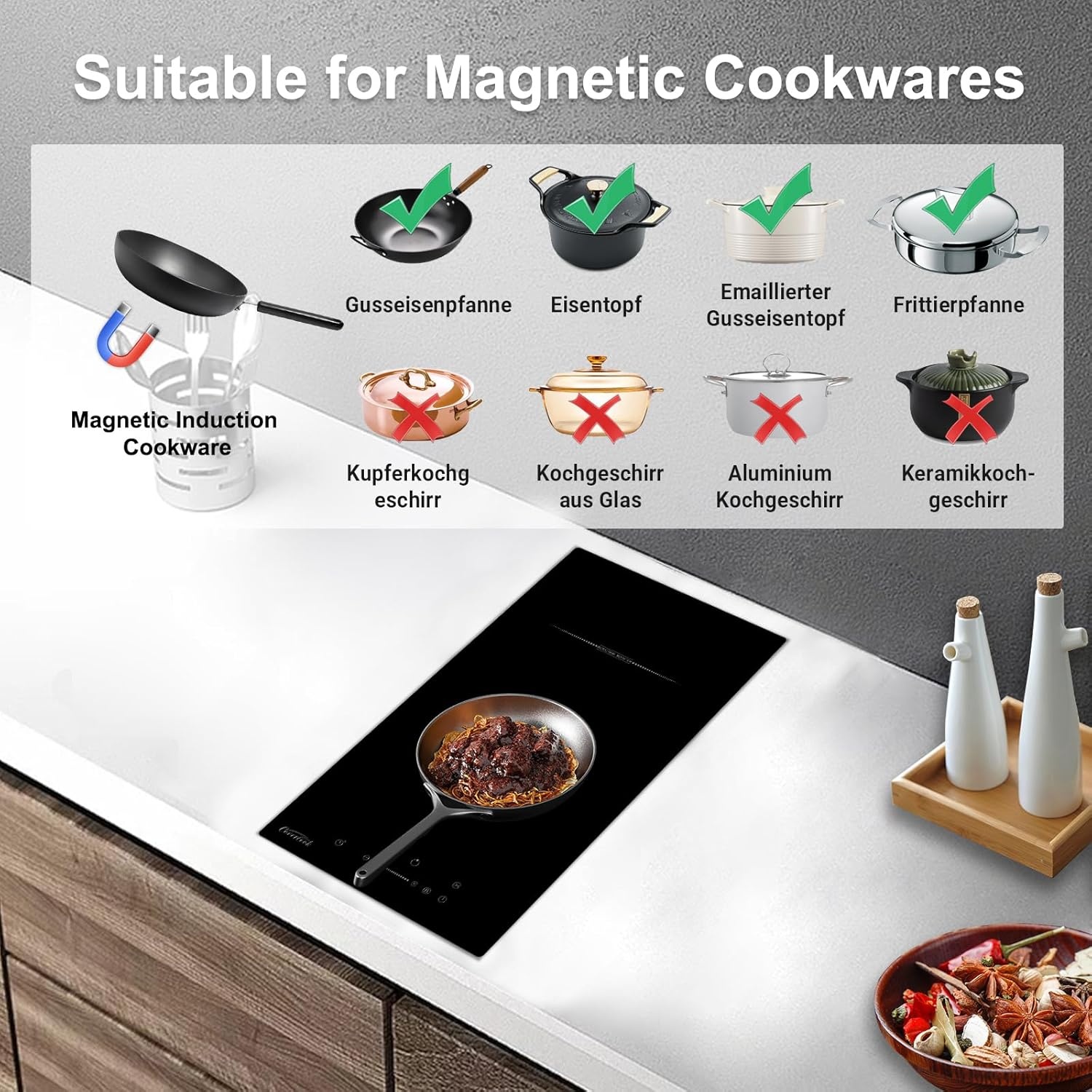 COVERCOOK Domino 30 cm inductiekookplaat met 2 kookzones, inbouw Domino zelfvoorzienende kookplaat, inductie met stekker, 3500 W
