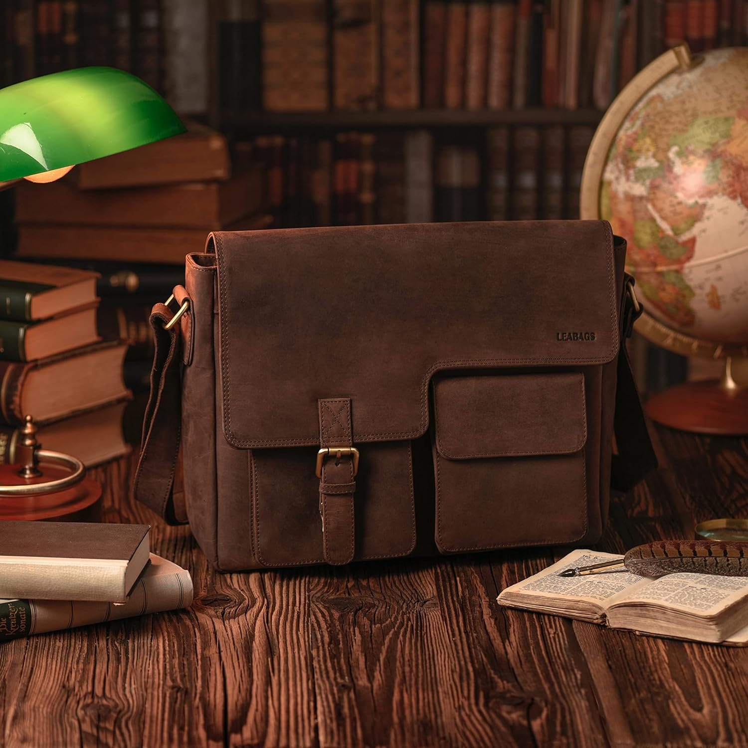 LEABAGS Lederen aktetas voor heren en dames, echt leer, laptoptas tot 13 inch, schoudertas met schouderriem, messenger bag, werktas, lerarentas, beige, Eén maat, Boheems, gedeconstrueerd,