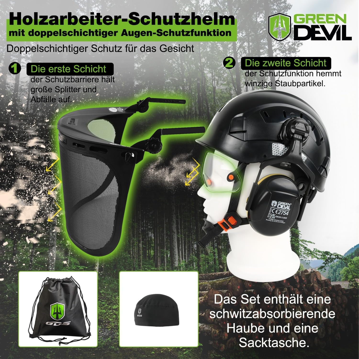 GREEN DEVIL Kettingzaaghelm, EN397-gecertificeerd, 5-in-1 systeem met gezichtsbescherming, geïntegreerd vizier en oorbeschermers, geventileerd voor watervallen en tuinieren, uniseks