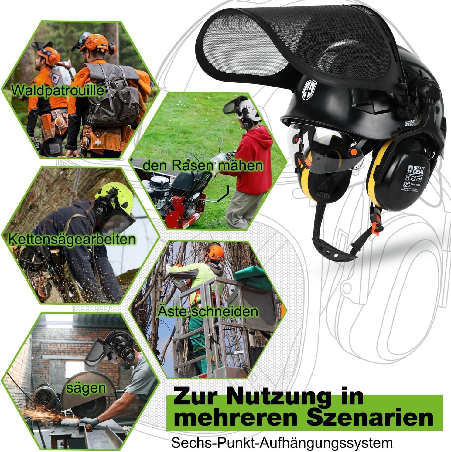 GREEN DEVIL Kettingzaaghelm, EN397-gecertificeerd, 5-in-1 systeem met gezichtsbescherming, geïntegreerd vizier en oorbeschermers, geventileerd voor watervallen en tuinieren, uniseks