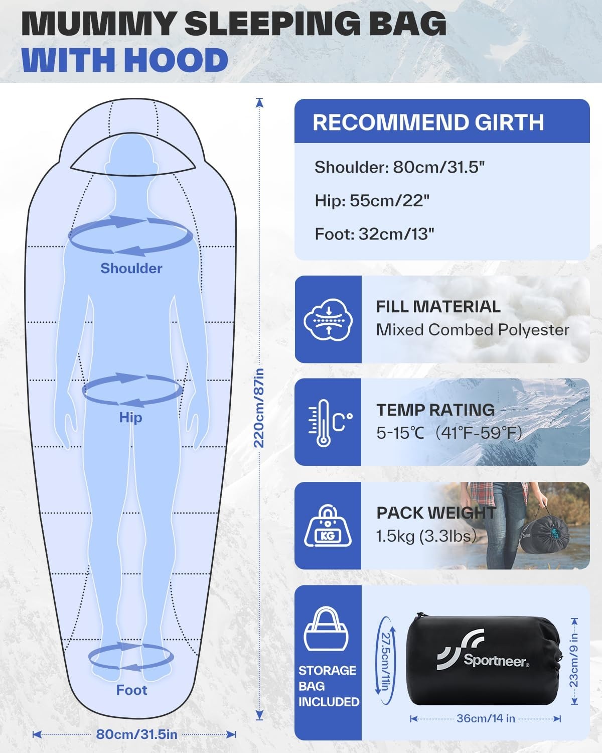Slaapzakken voor volwassenen: Sportneer Outdoor 3 seizoenen mummie slaapzakken 5℃-15℃ pak voor reizen festival camping binnen, 220 x 80 cm, lichtgewicht waterdicht