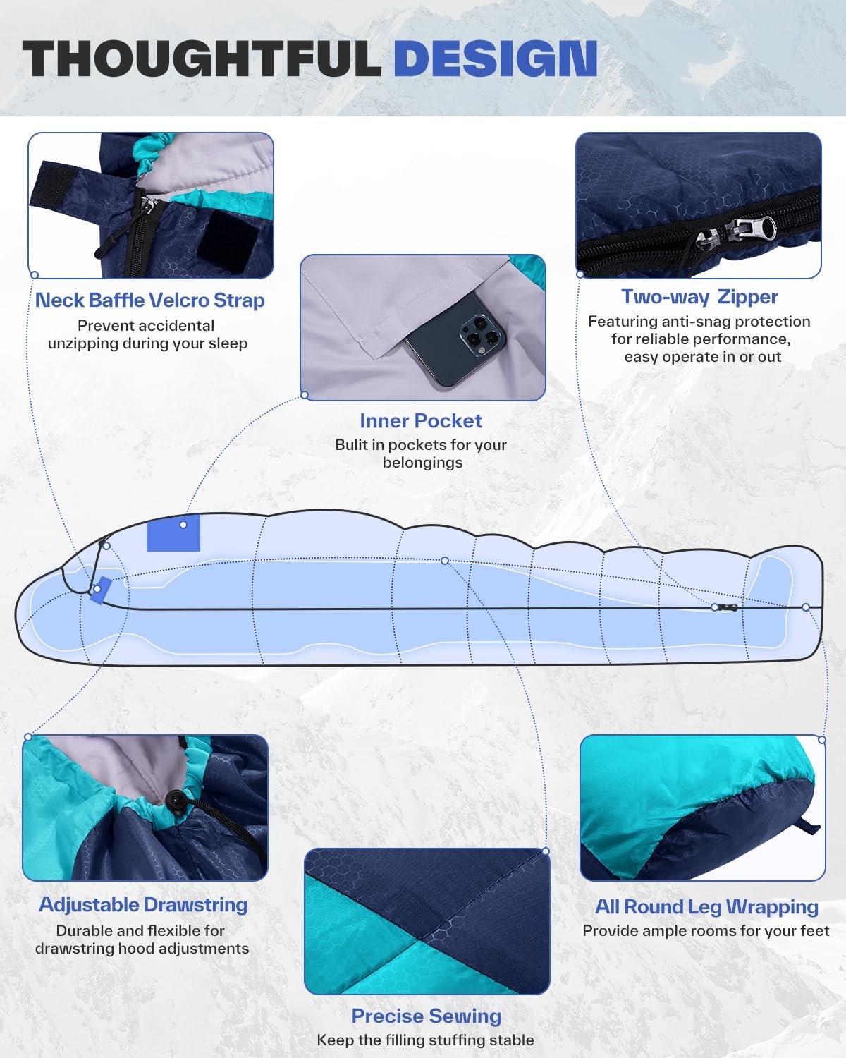 Slaapzakken voor volwassenen: Sportneer Outdoor 3 seizoenen mummie slaapzakken 5℃-15℃ pak voor reizen festival camping binnen, 220 x 80 cm, lichtgewicht waterdicht