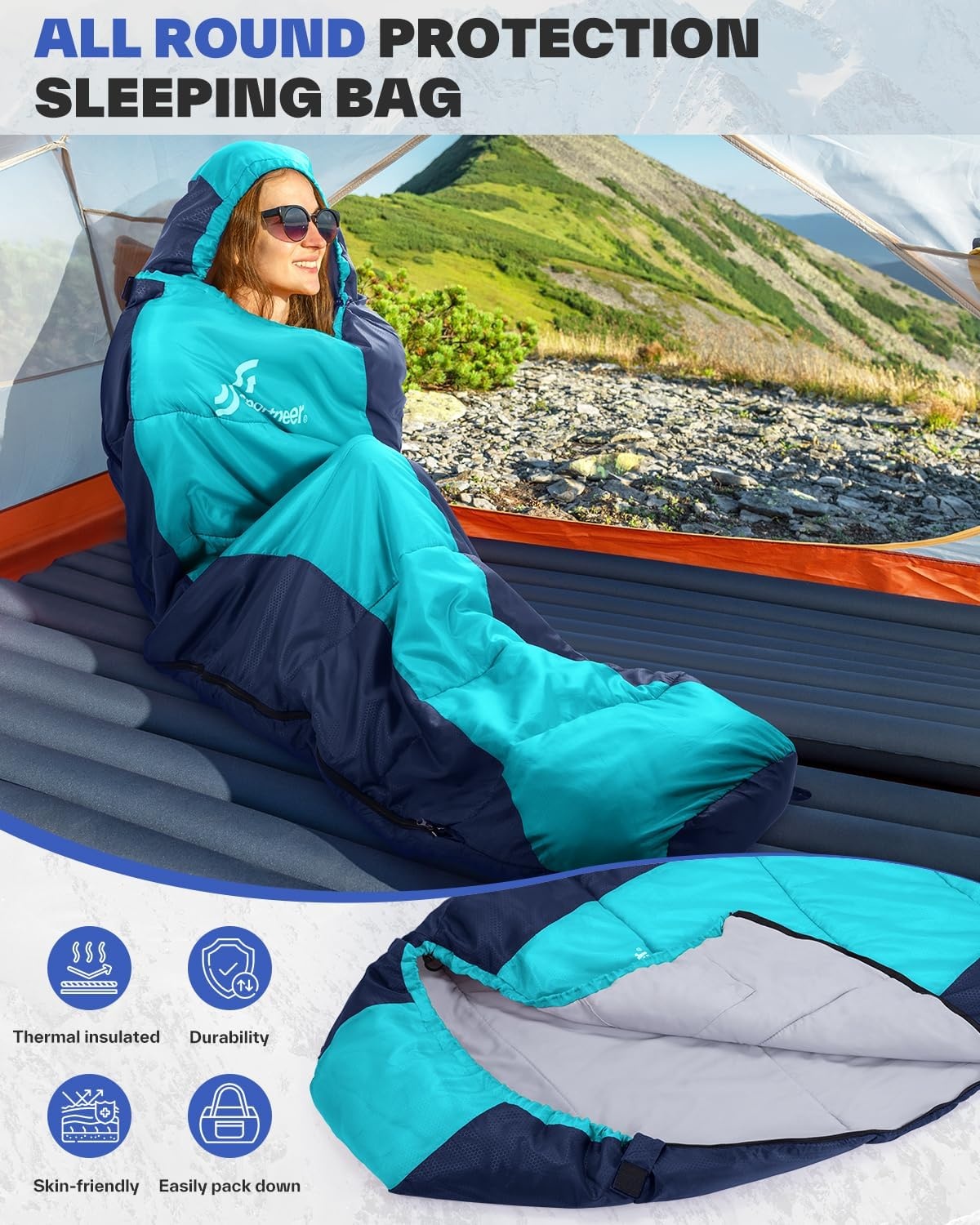 Slaapzakken voor volwassenen: Sportneer Outdoor 3 seizoenen mummie slaapzakken 5℃-15℃ pak voor reizen festival camping binnen, 220 x 80 cm, lichtgewicht waterdicht