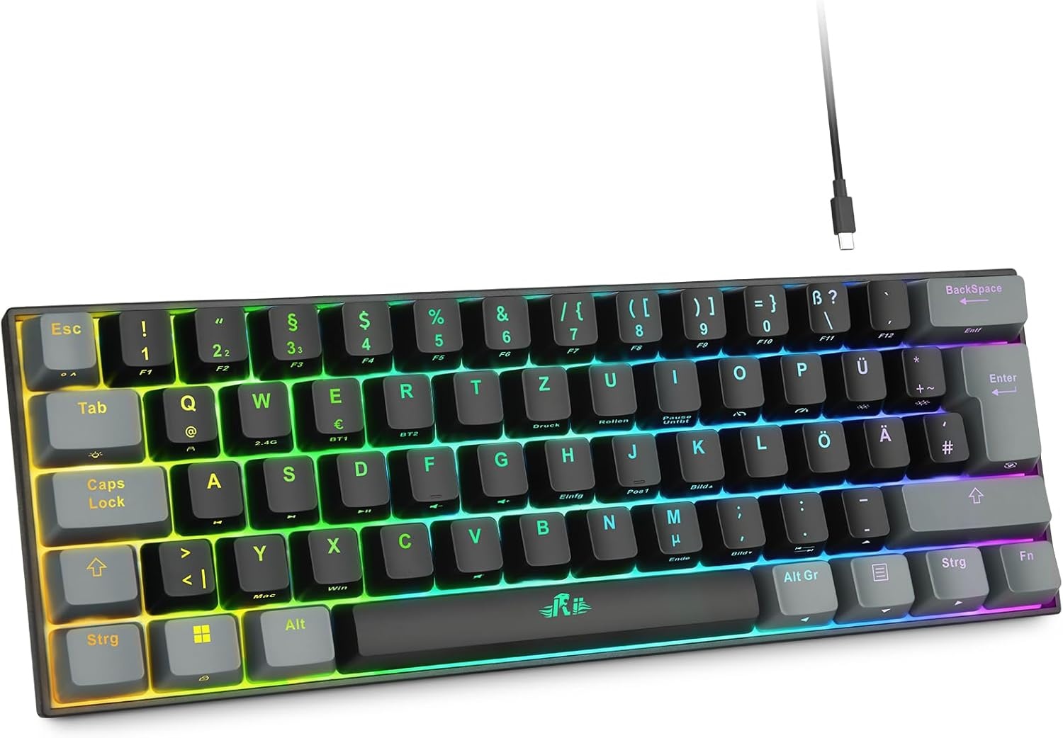 Rii Mechanisch toetsenbord, draadloos, gaming Bluetooth met RGB, tri-modi gaming toetsenbord QWERTZ (BT5.0 + 2,4 GHz)