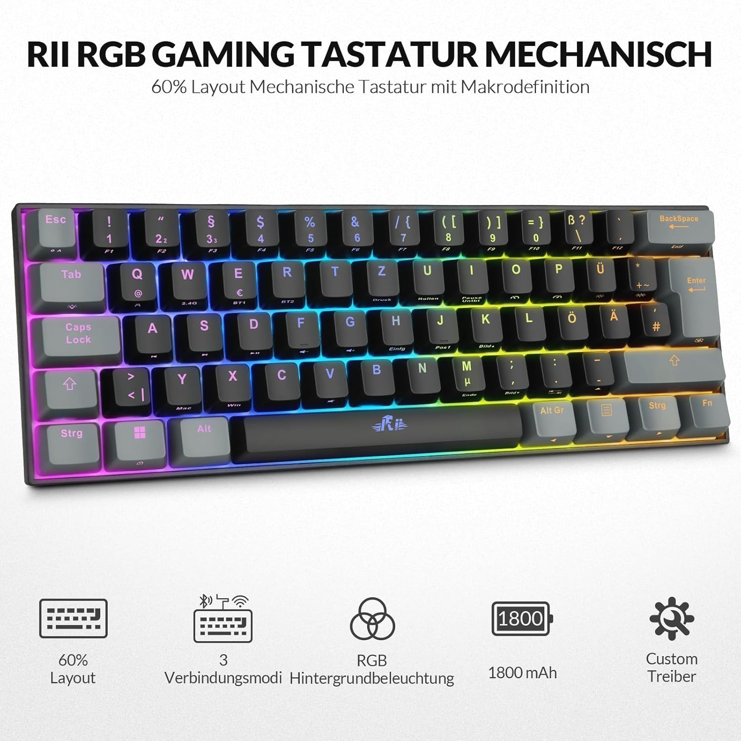 Rii Mechanisch toetsenbord, draadloos, gaming Bluetooth met RGB, tri-modi gaming toetsenbord QWERTZ (BT5.0 + 2,4 GHz)