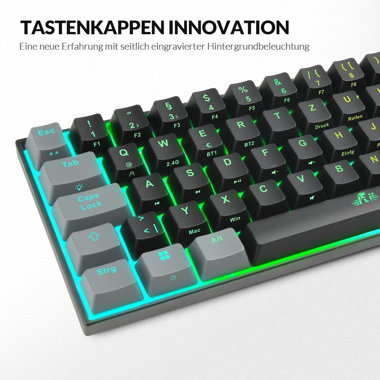 Rii Mechanisch toetsenbord, draadloos, gaming Bluetooth met RGB, tri-modi gaming toetsenbord QWERTZ (BT5.0 + 2,4 GHz)