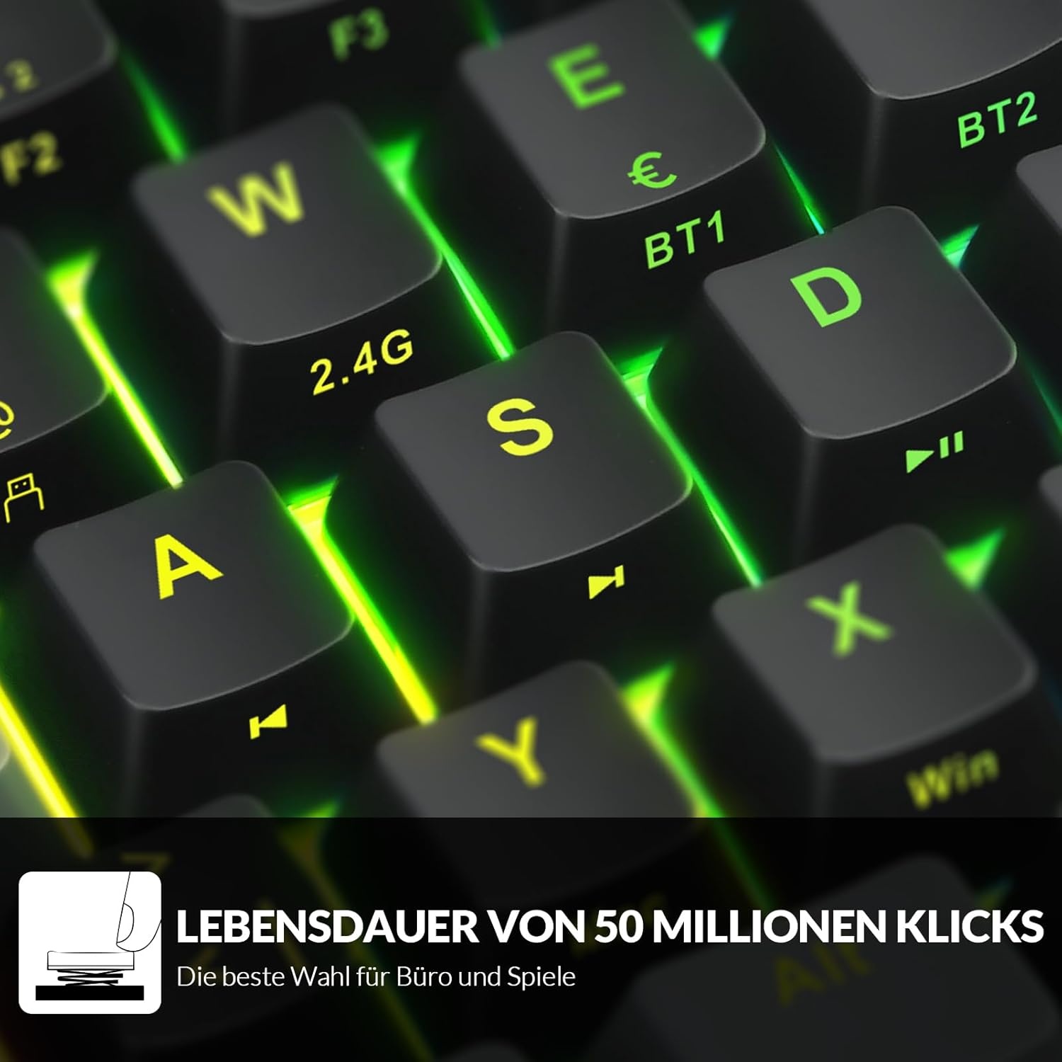 Rii Mechanisch toetsenbord, draadloos, gaming Bluetooth met RGB, tri-modi gaming toetsenbord QWERTZ (BT5.0 + 2,4 GHz)