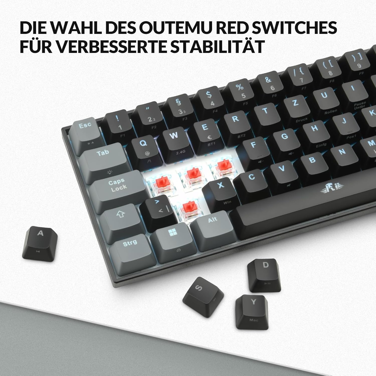 Rii Mechanisch toetsenbord, draadloos, gaming Bluetooth met RGB, tri-modi gaming toetsenbord QWERTZ (BT5.0 + 2,4 GHz)