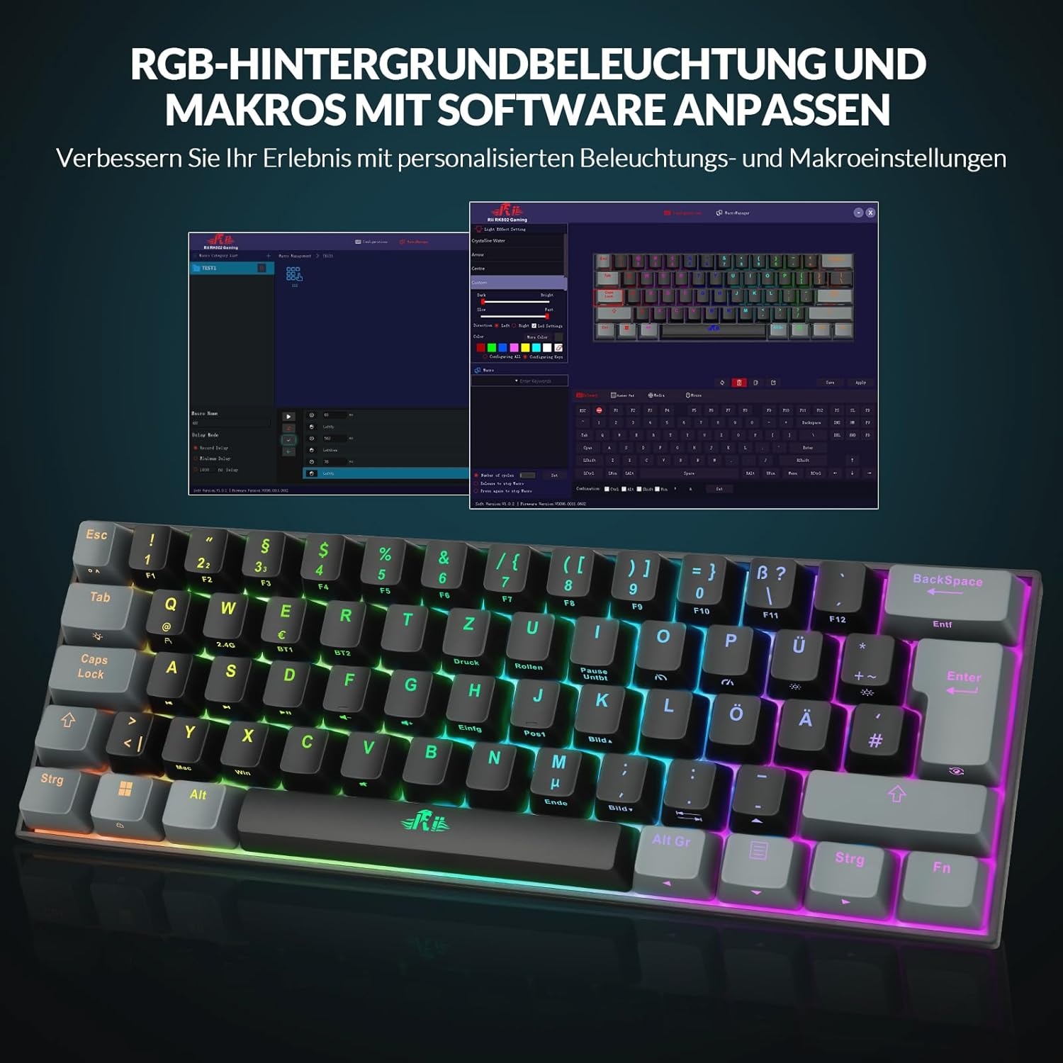 Rii Mechanisch toetsenbord, draadloos, gaming Bluetooth met RGB, tri-modi gaming toetsenbord QWERTZ (BT5.0 + 2,4 GHz)