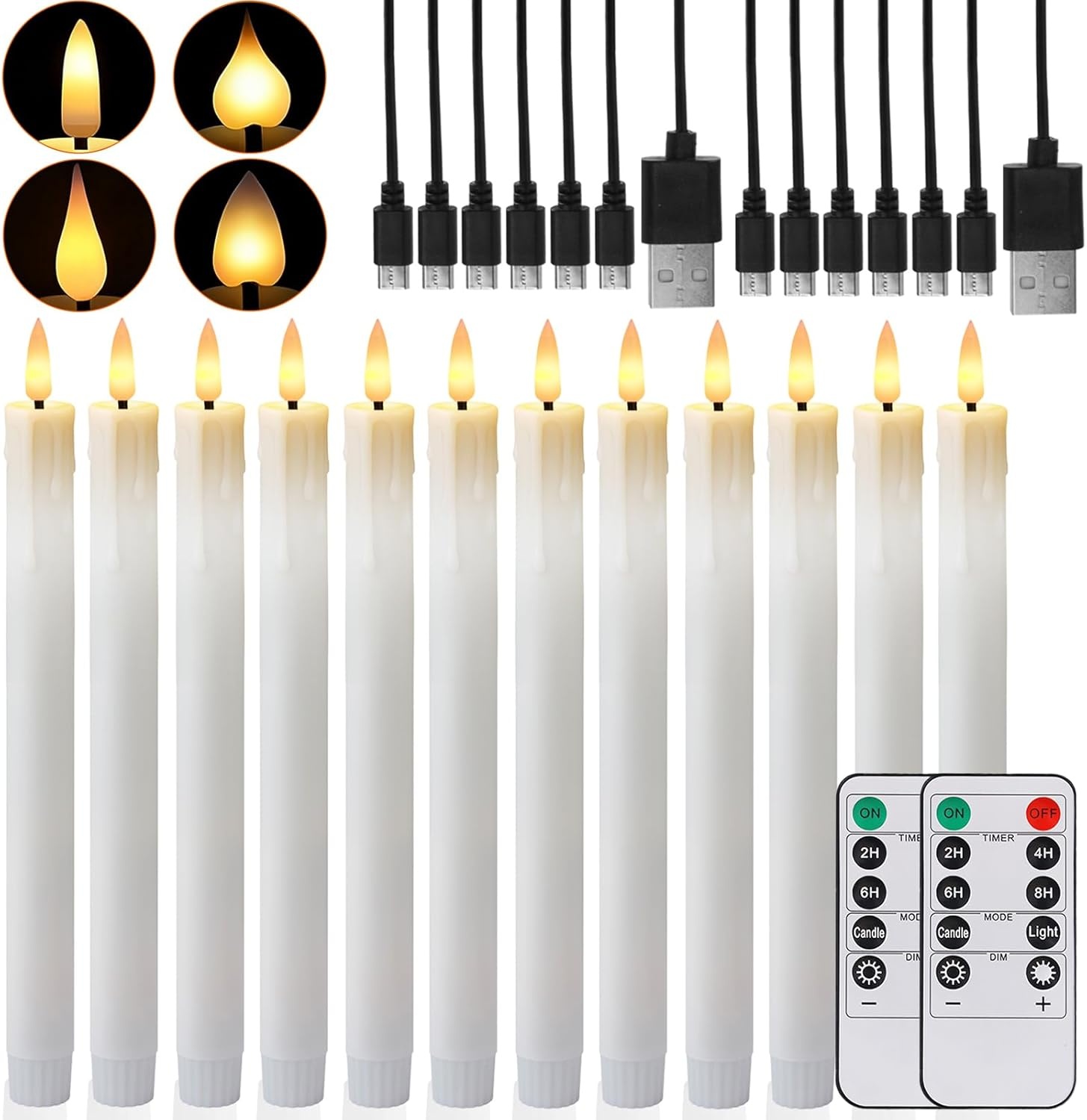 Oplaadbare led-staafkaarsen met timerfunctie, 12 stuks led-kaarsen, flikkerende vlam met 4 soorten lampsokkels, witte staafkaars voor tafel, kamer, Halloween, kerstdecoratie