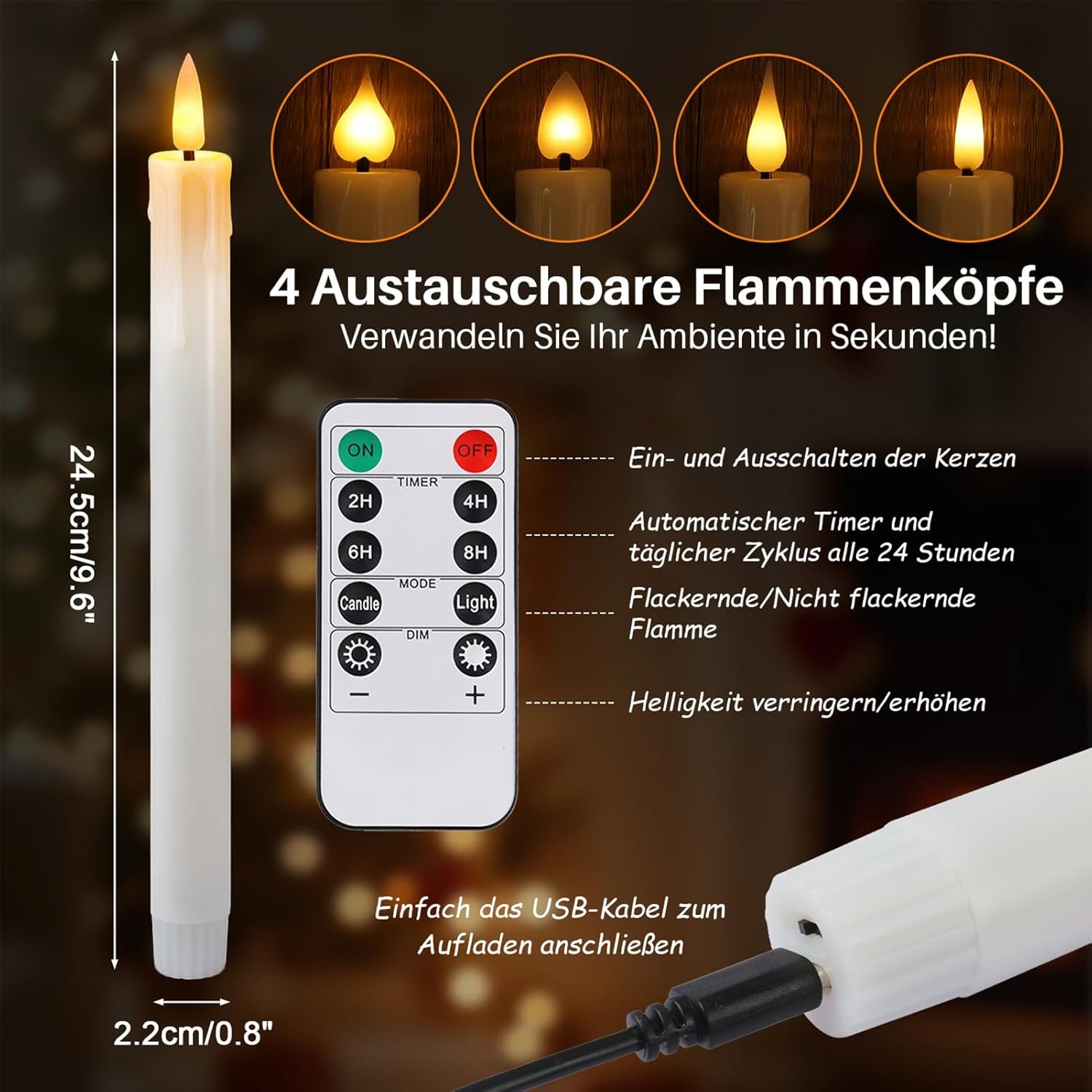 Oplaadbare led-staafkaarsen met timerfunctie, 12 stuks led-kaarsen, flikkerende vlam met 4 soorten lampsokkels, witte staafkaars voor tafel, kamer, Halloween, kerstdecoratie