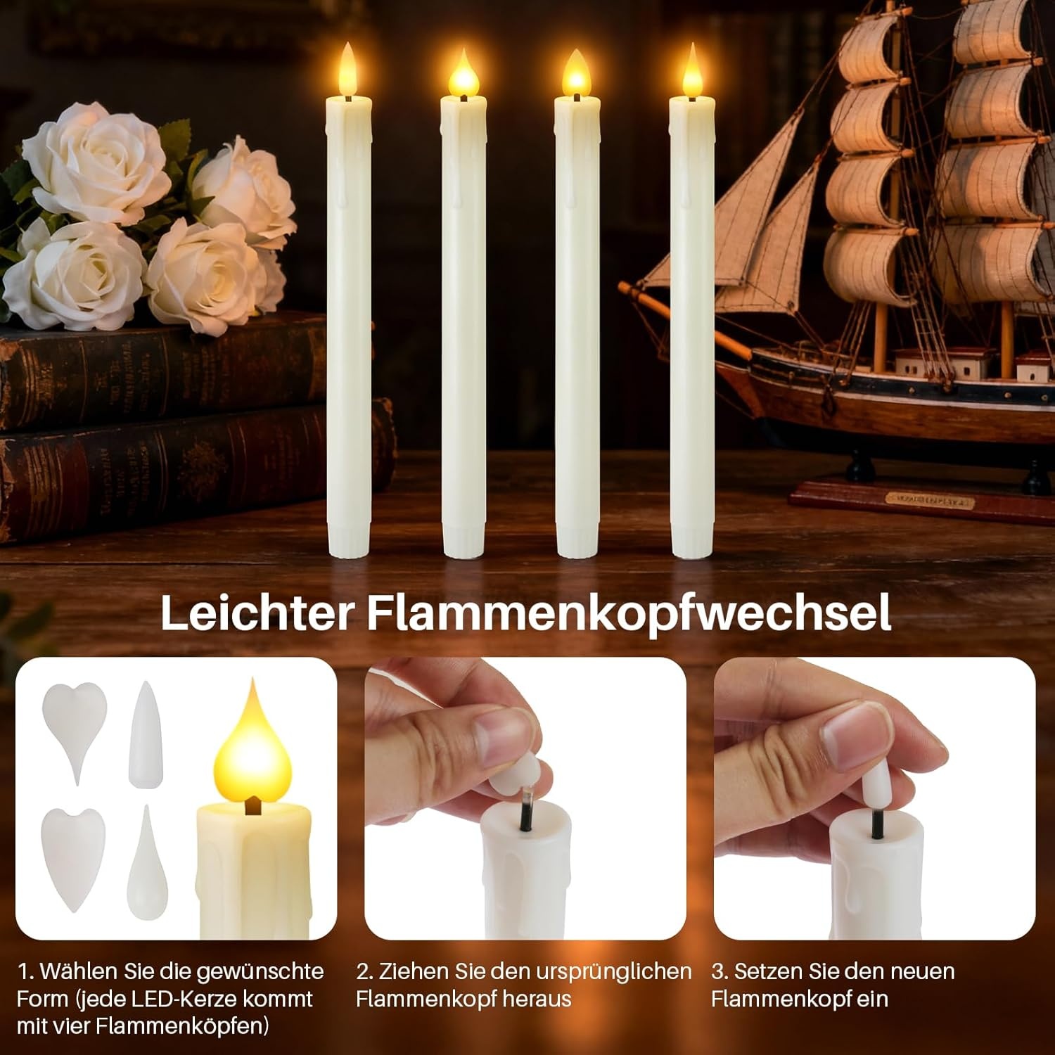 Oplaadbare led-staafkaarsen met timerfunctie, 12 stuks led-kaarsen, flikkerende vlam met 4 soorten lampsokkels, witte staafkaars voor tafel, kamer, Halloween, kerstdecoratie