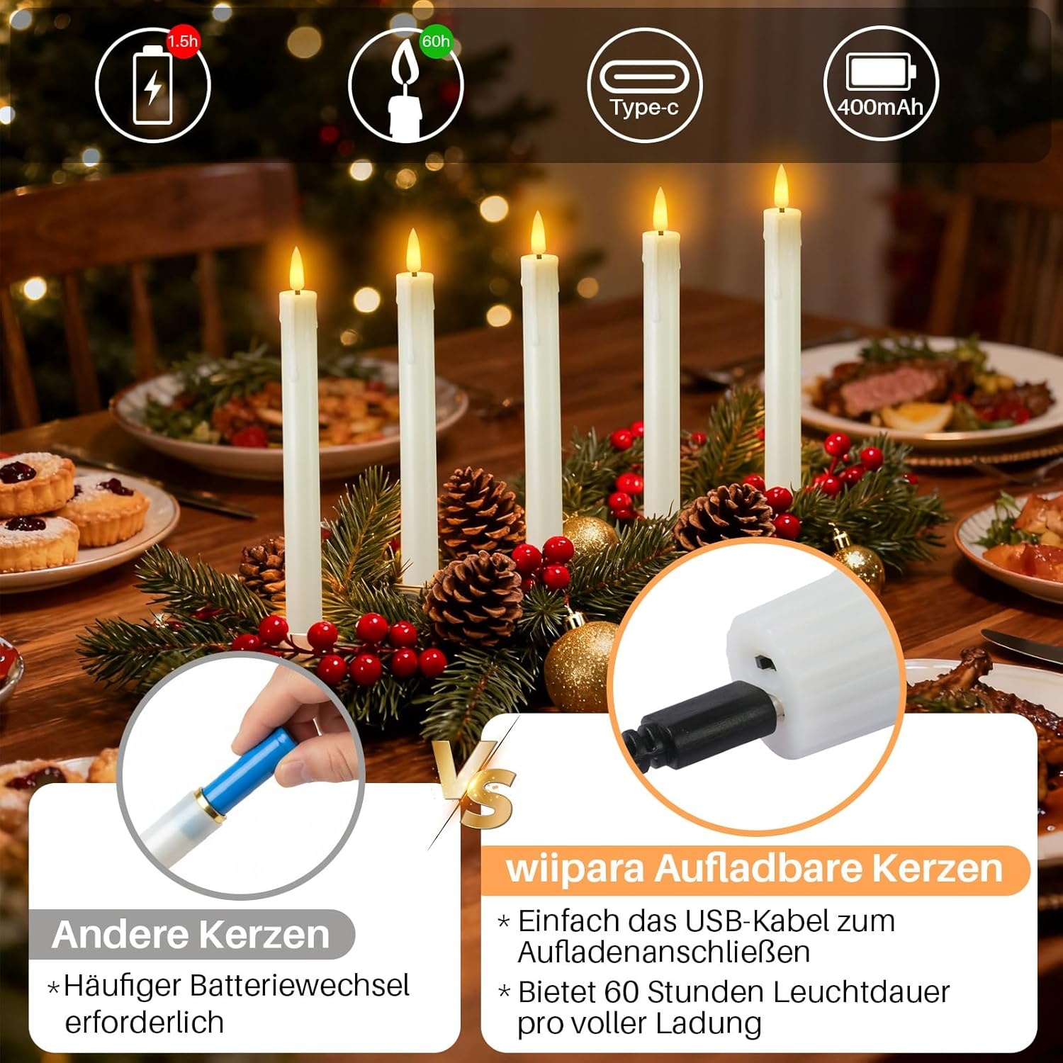 Oplaadbare led-staafkaarsen met timerfunctie, 12 stuks led-kaarsen, flikkerende vlam met 4 soorten lampsokkels, witte staafkaars voor tafel, kamer, Halloween, kerstdecoratie