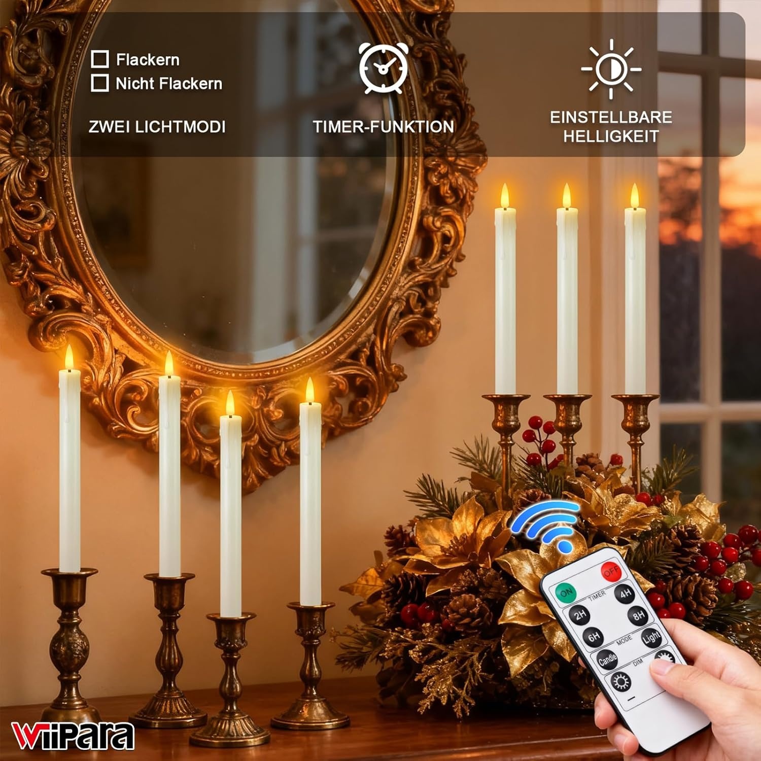 Oplaadbare led-staafkaarsen met timerfunctie, 12 stuks led-kaarsen, flikkerende vlam met 4 soorten lampsokkels, witte staafkaars voor tafel, kamer, Halloween, kerstdecoratie