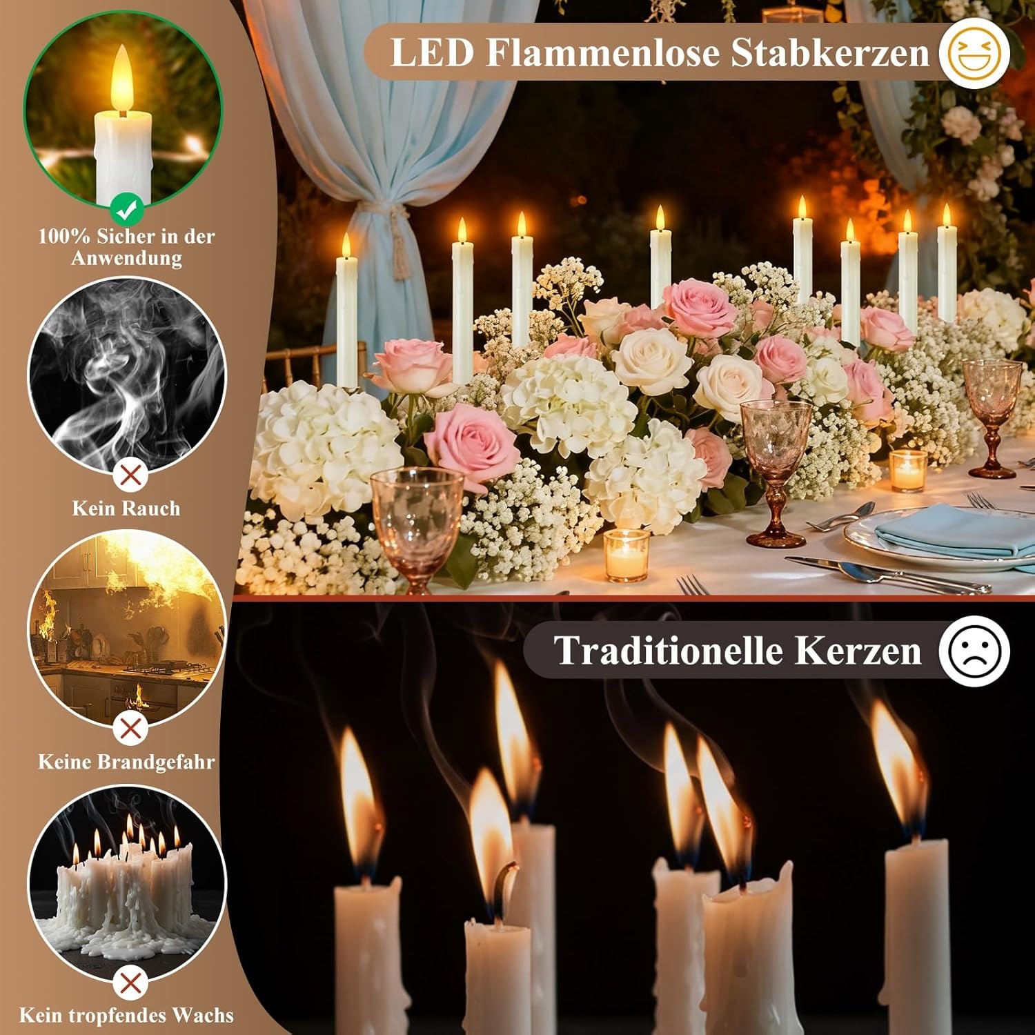 Oplaadbare led-staafkaarsen met timerfunctie, 12 stuks led-kaarsen, flikkerende vlam met 4 soorten lampsokkels, witte staafkaars voor tafel, kamer, Halloween, kerstdecoratie