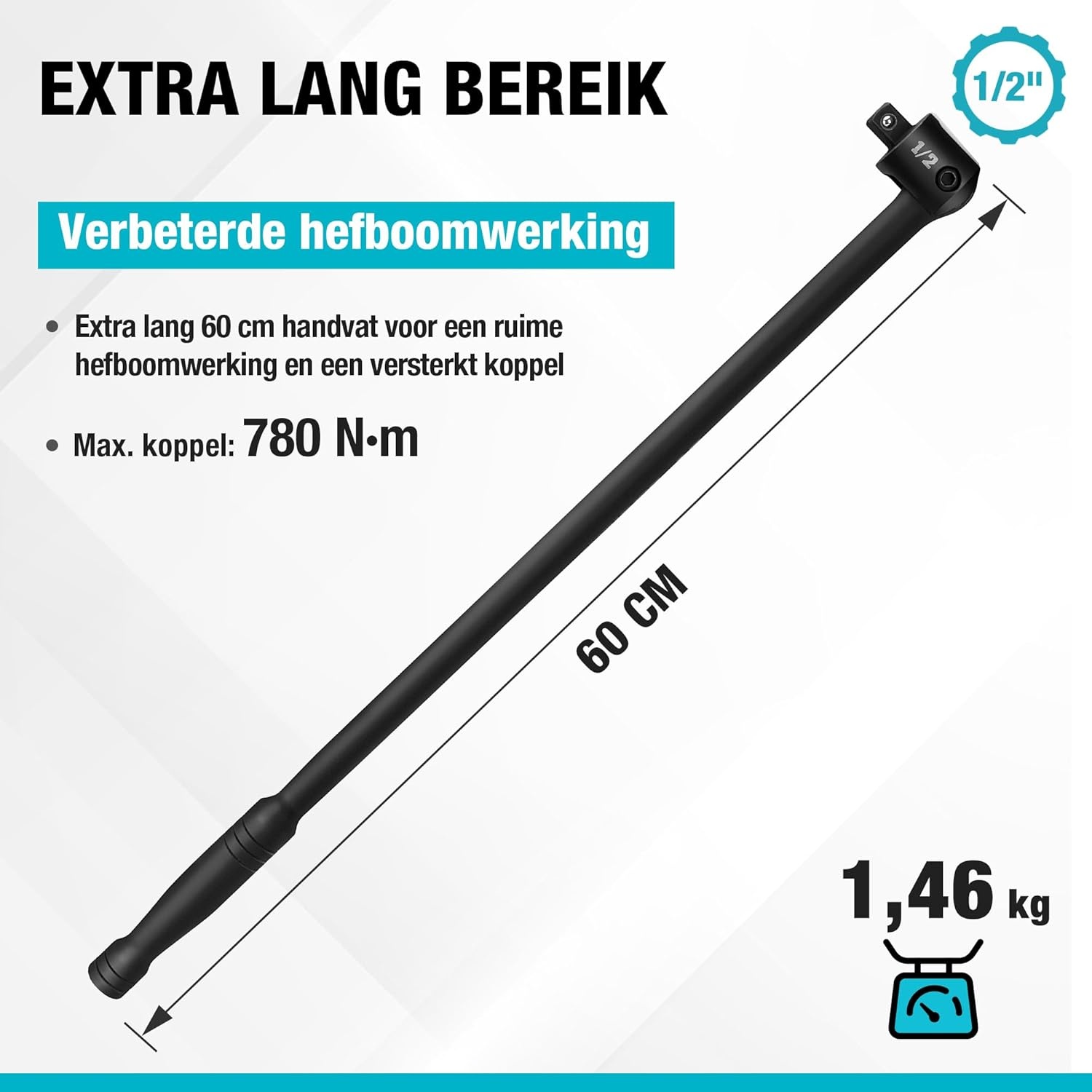 DURATECH Breaker Bar met 240 ° Draaibare 1/2" Aandrijfkop, 60 cm Lang Handvat, Scharniergreep Draaimomentsleutel Heavy-duty Sleutel, Hoog Draaimoment (tot ca. 780 Nm), Zwart