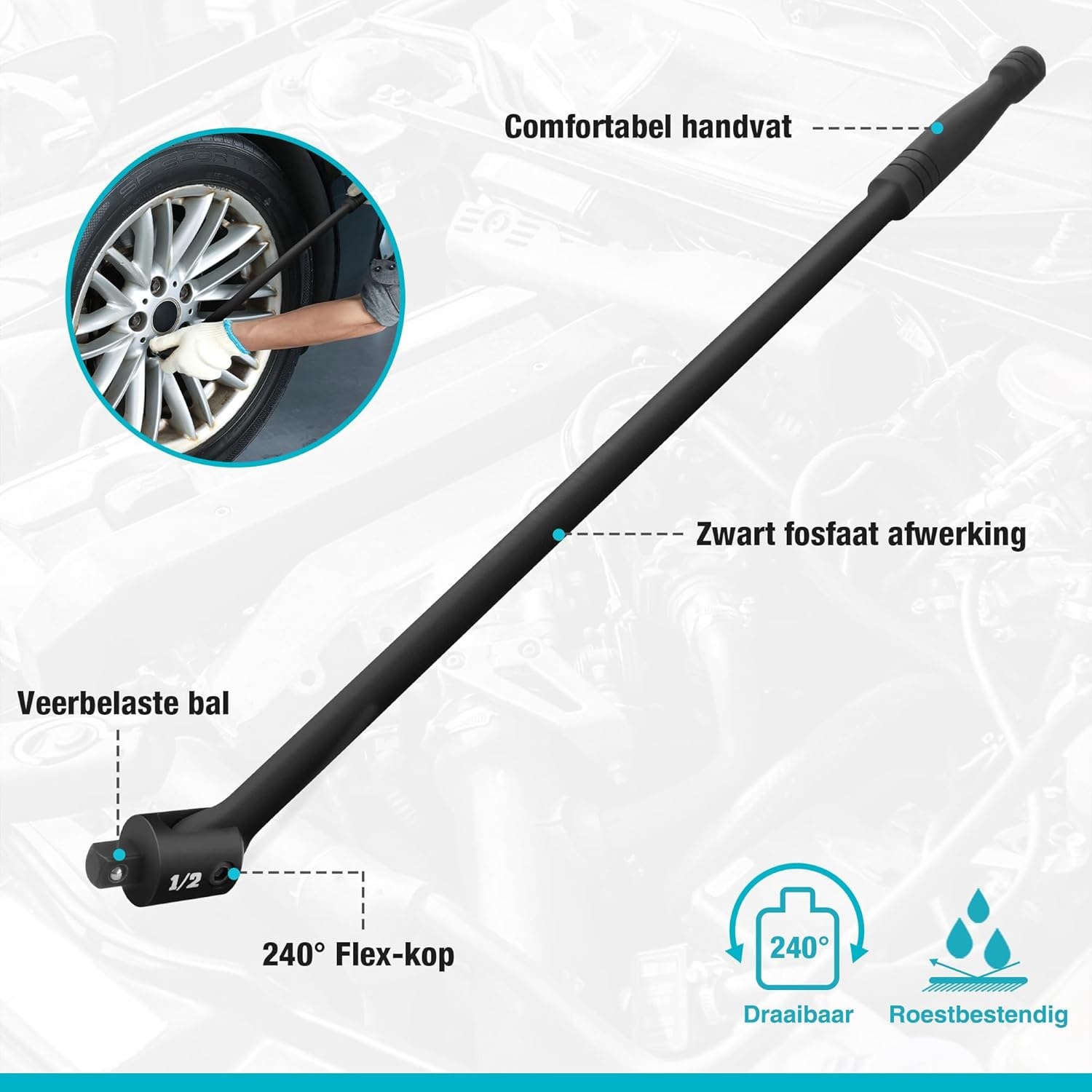 DURATECH Breaker Bar met 240 ° Draaibare 1/2" Aandrijfkop, 60 cm Lang Handvat, Scharniergreep Draaimomentsleutel Heavy-duty Sleutel, Hoog Draaimoment (tot ca. 780 Nm), Zwart